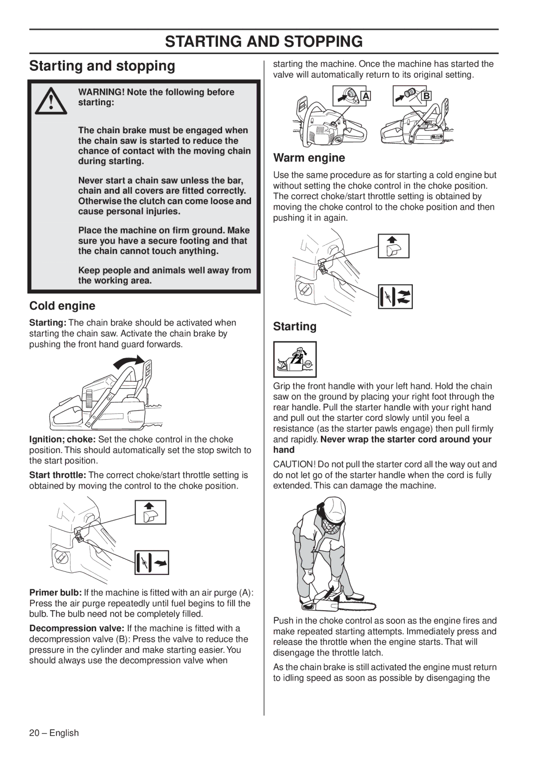 Husqvarna 1153163-95 manual Starting and Stopping, Starting and stopping, Cold engine, Warm engine 