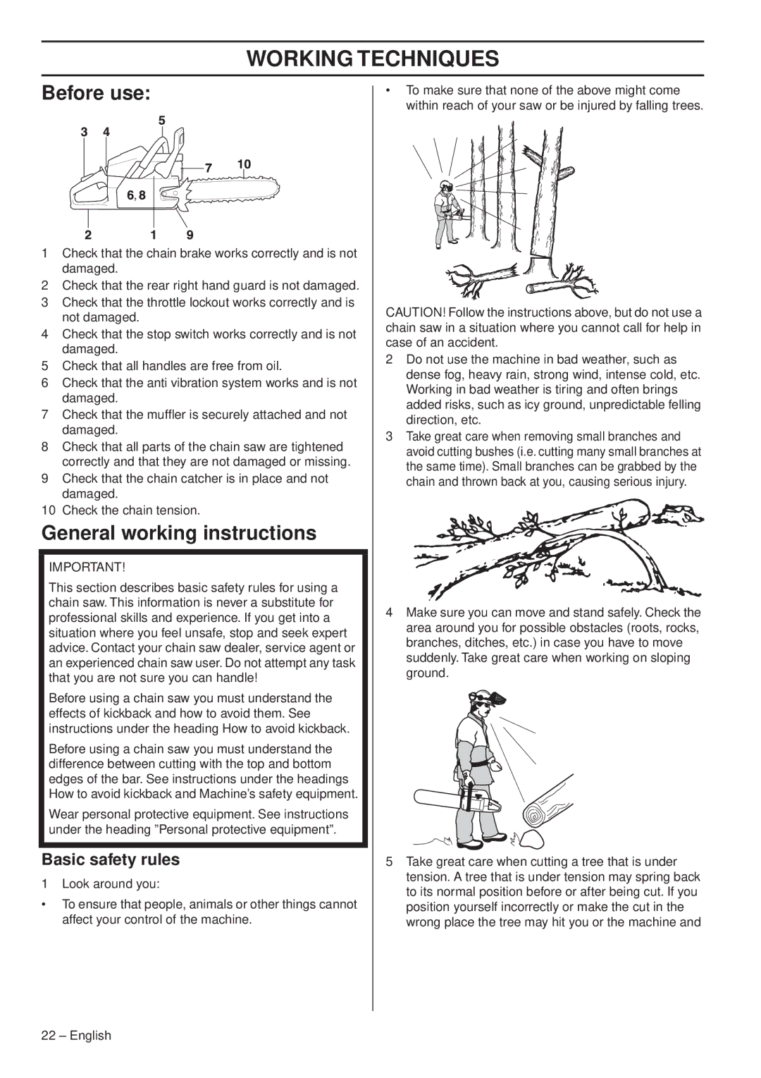 Husqvarna 1153163-95 manual Working Techniques, Before use, General working instructions, Basic safety rules 