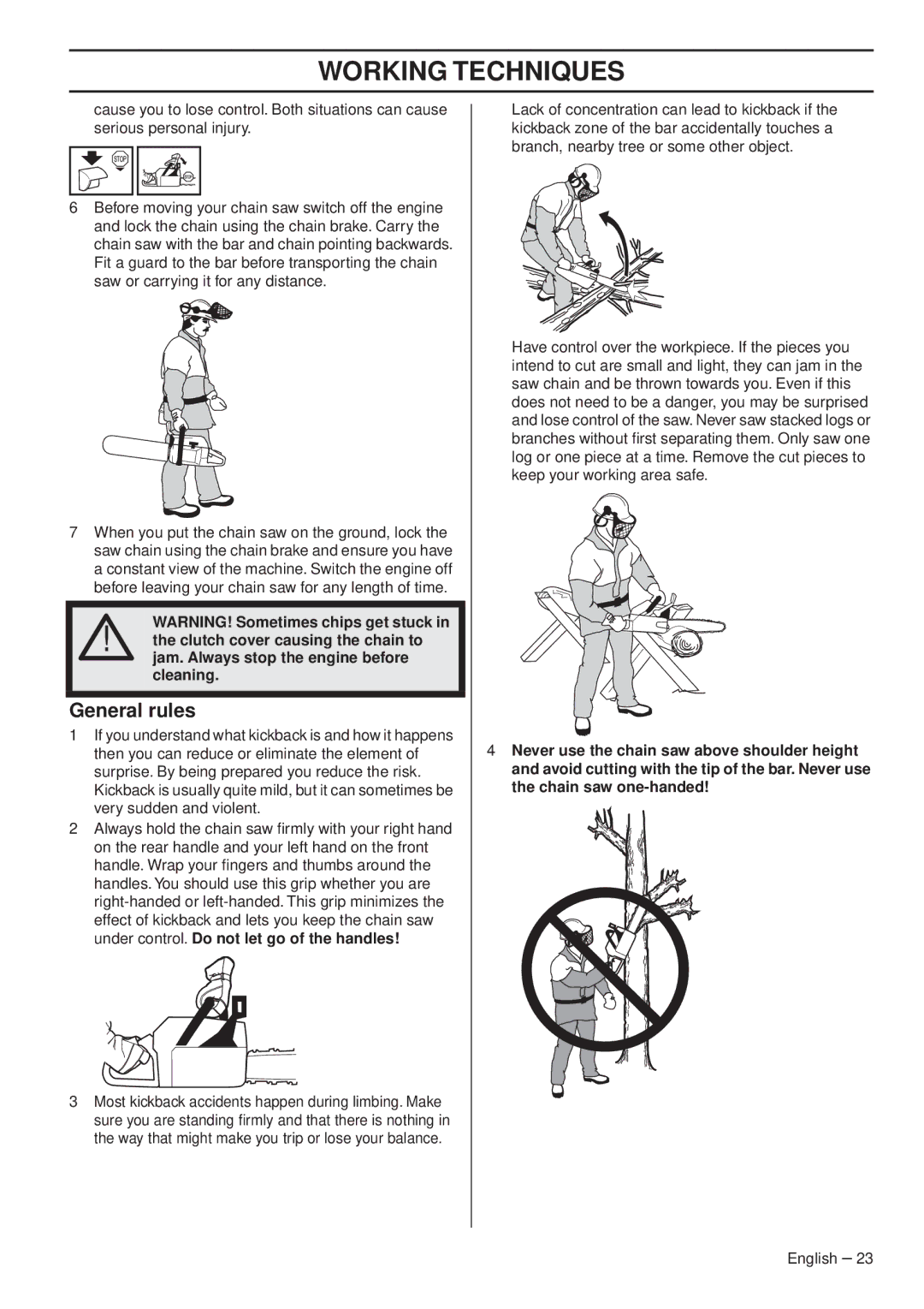 Husqvarna 1153163-95 manual Clutch cover causing the chain to, Jam. Always stop the engine before, Cleaning 