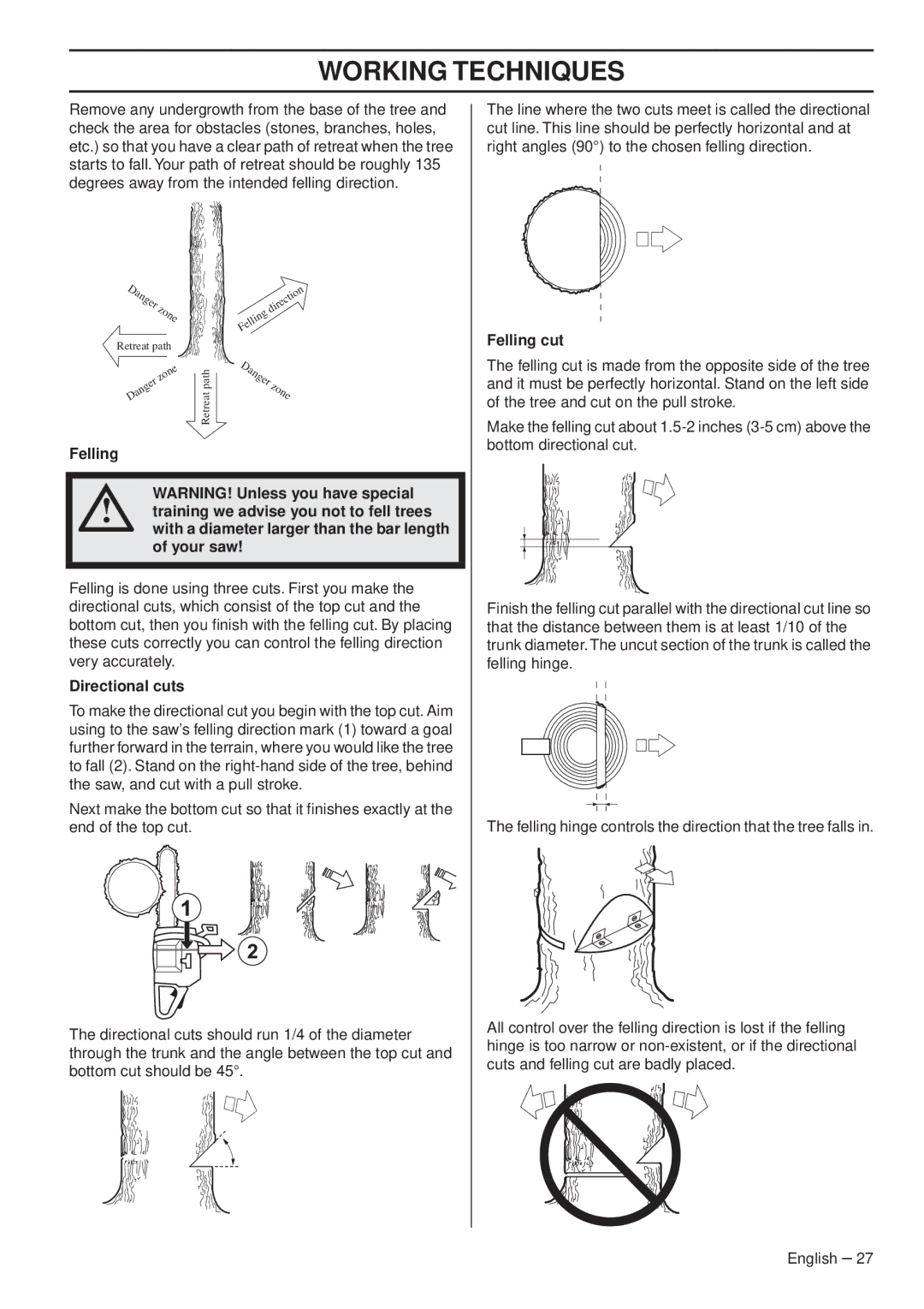 Husqvarna 1153163-95 manual Directional cuts, Felling cut 