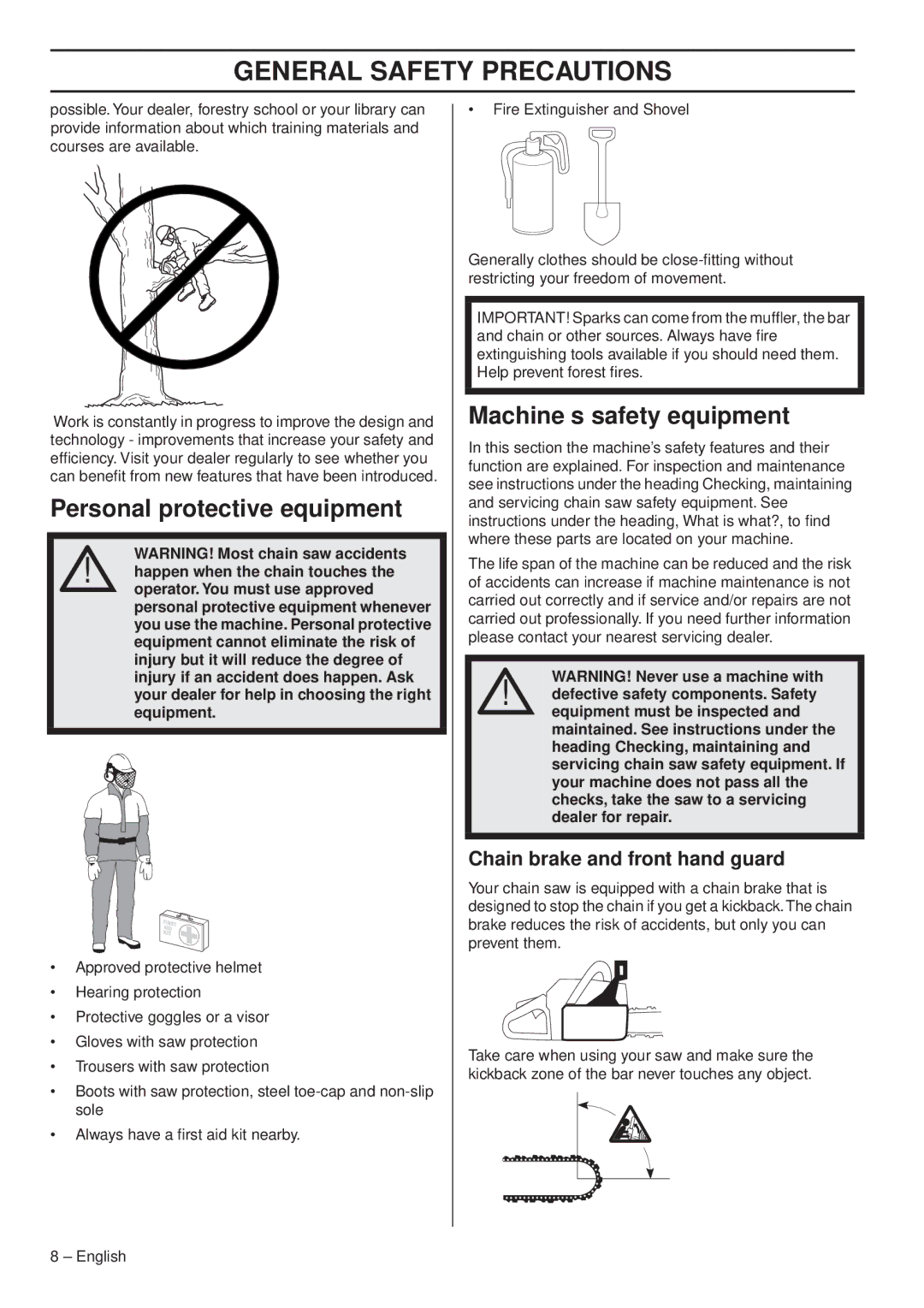 Husqvarna 1153163-95 manual Personal protective equipment, Machine′s safety equipment, Chain brake and front hand guard 