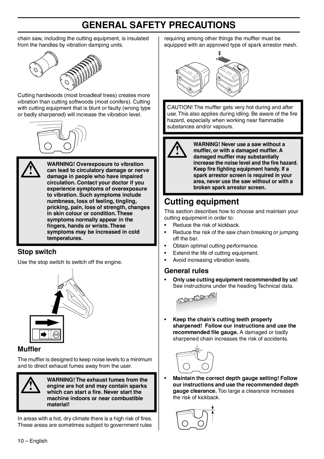 Husqvarna 1153176-26 manual Cutting equipment, Stop switch, Mufﬂer, General rules 