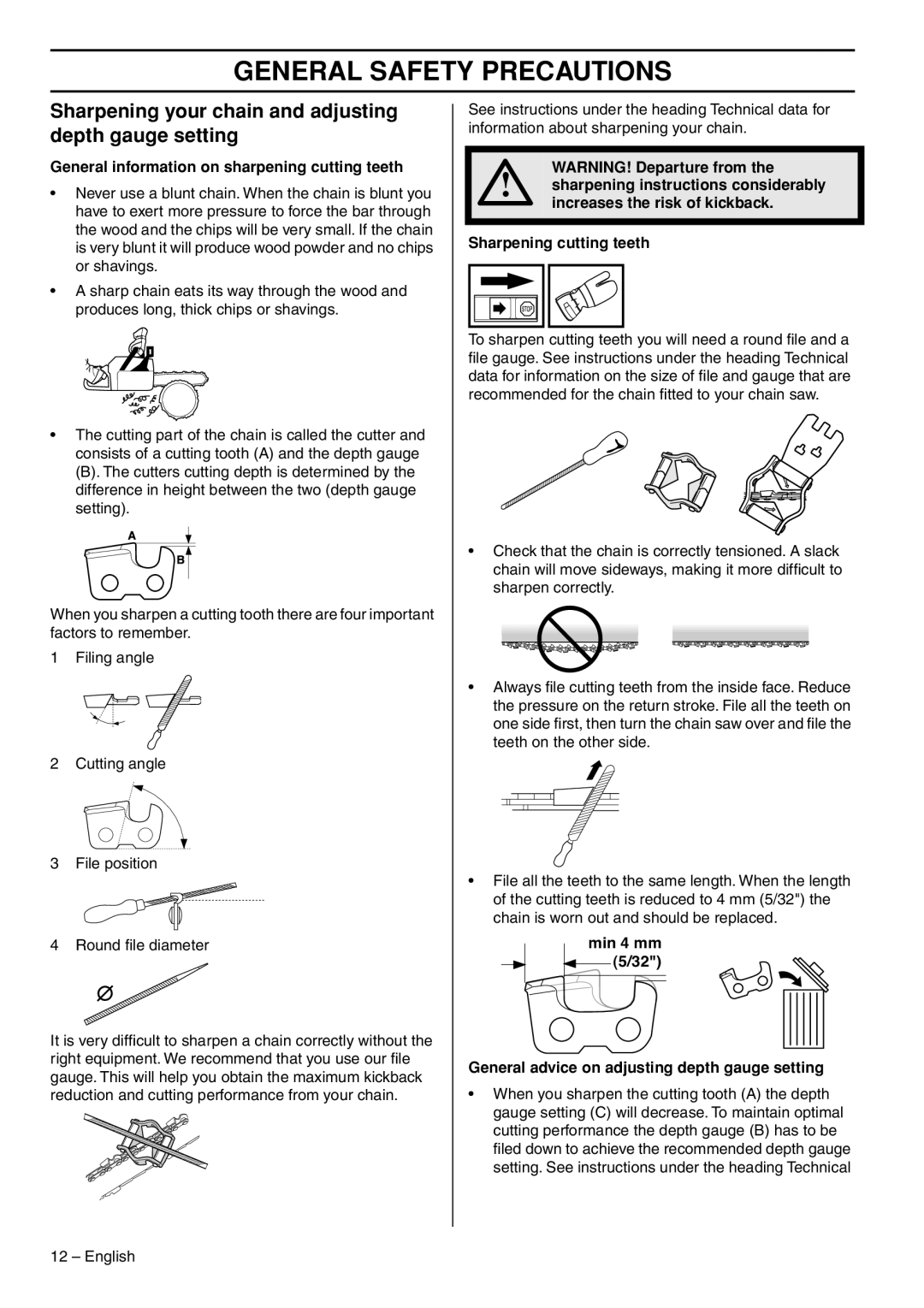 Husqvarna 1153176-26 manual Sharpening your chain and adjusting depth gauge setting 