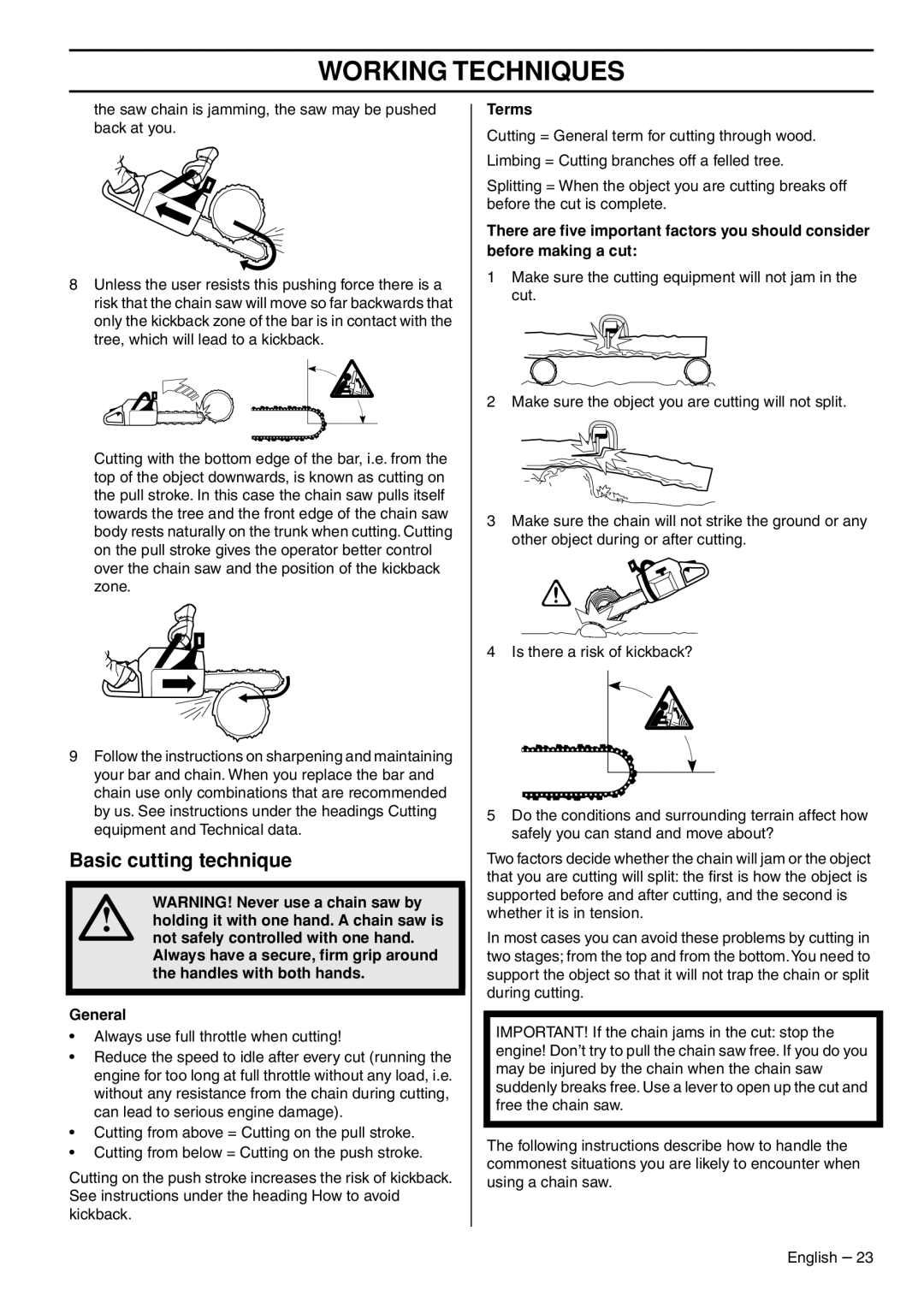 Husqvarna 1153176-26 manual Basic cutting technique, Terms 