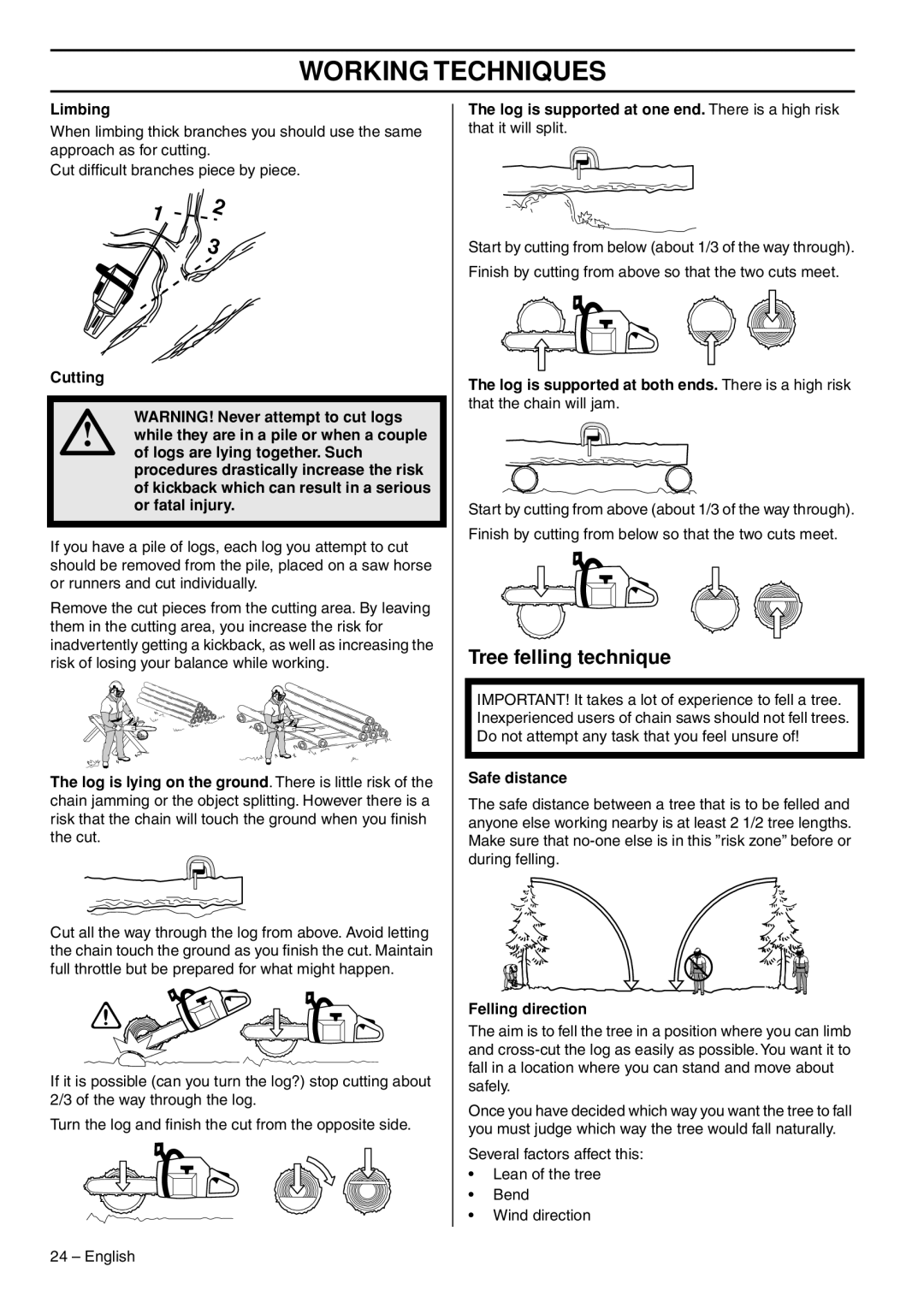 Husqvarna 1153176-26 manual Tree felling technique, Limbing, Safe distance, Felling direction 