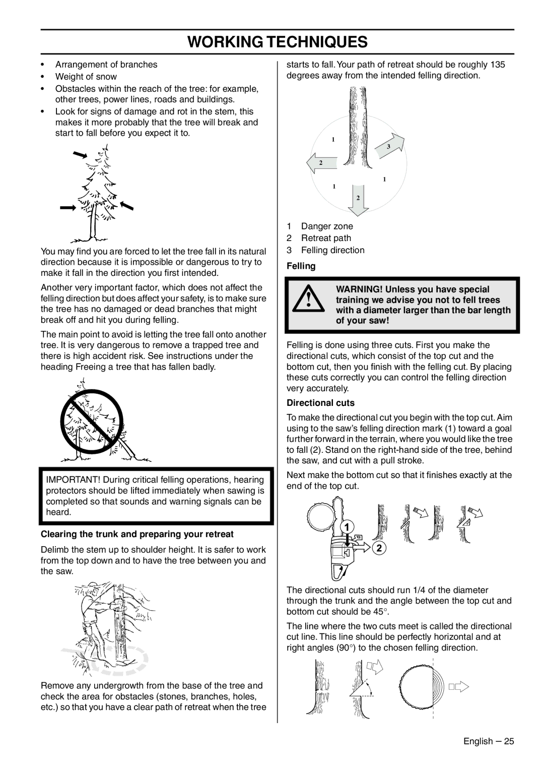 Husqvarna 1153176-26 manual Clearing the trunk and preparing your retreat, Directional cuts 