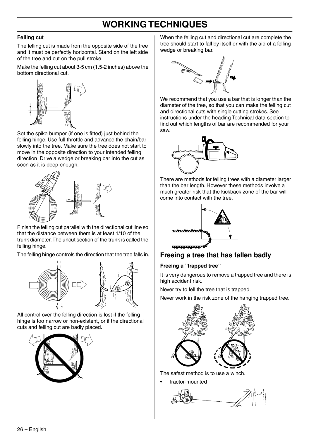 Husqvarna 1153176-26 manual Freeing a tree that has fallen badly, Felling cut, Freeing a trapped tree 