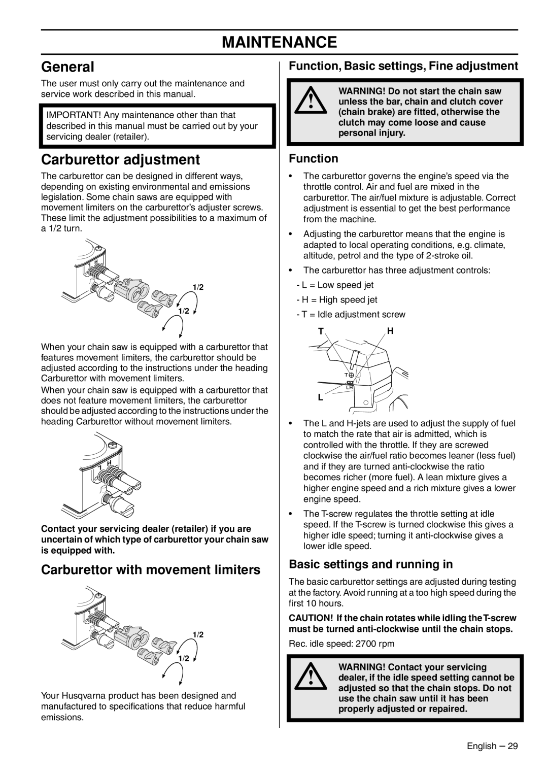 Husqvarna 1153176-26 manual Maintenance, General, Carburettor adjustment 