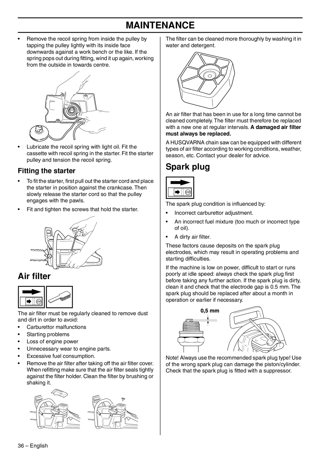 Husqvarna 1153176-26 manual Air ﬁlter, Spark plug, Fitting the starter, Must always be replaced 