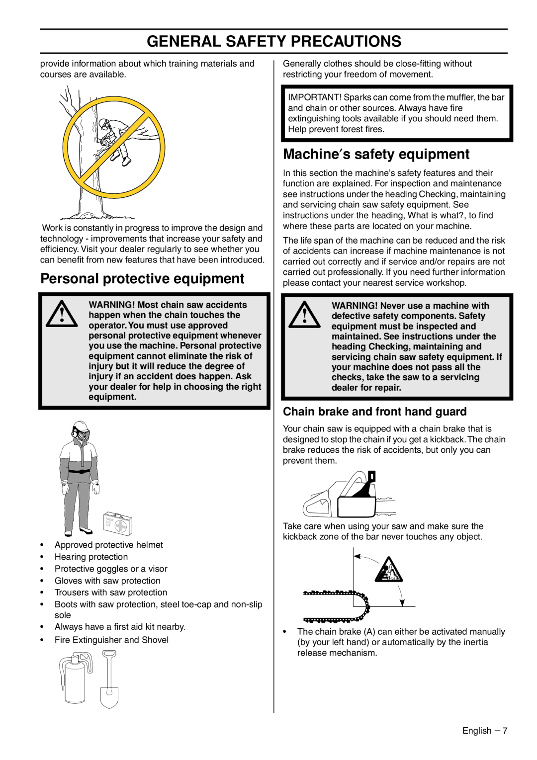 Husqvarna 1153176-26 manual Personal protective equipment, Machine′s safety equipment, Chain brake and front hand guard 