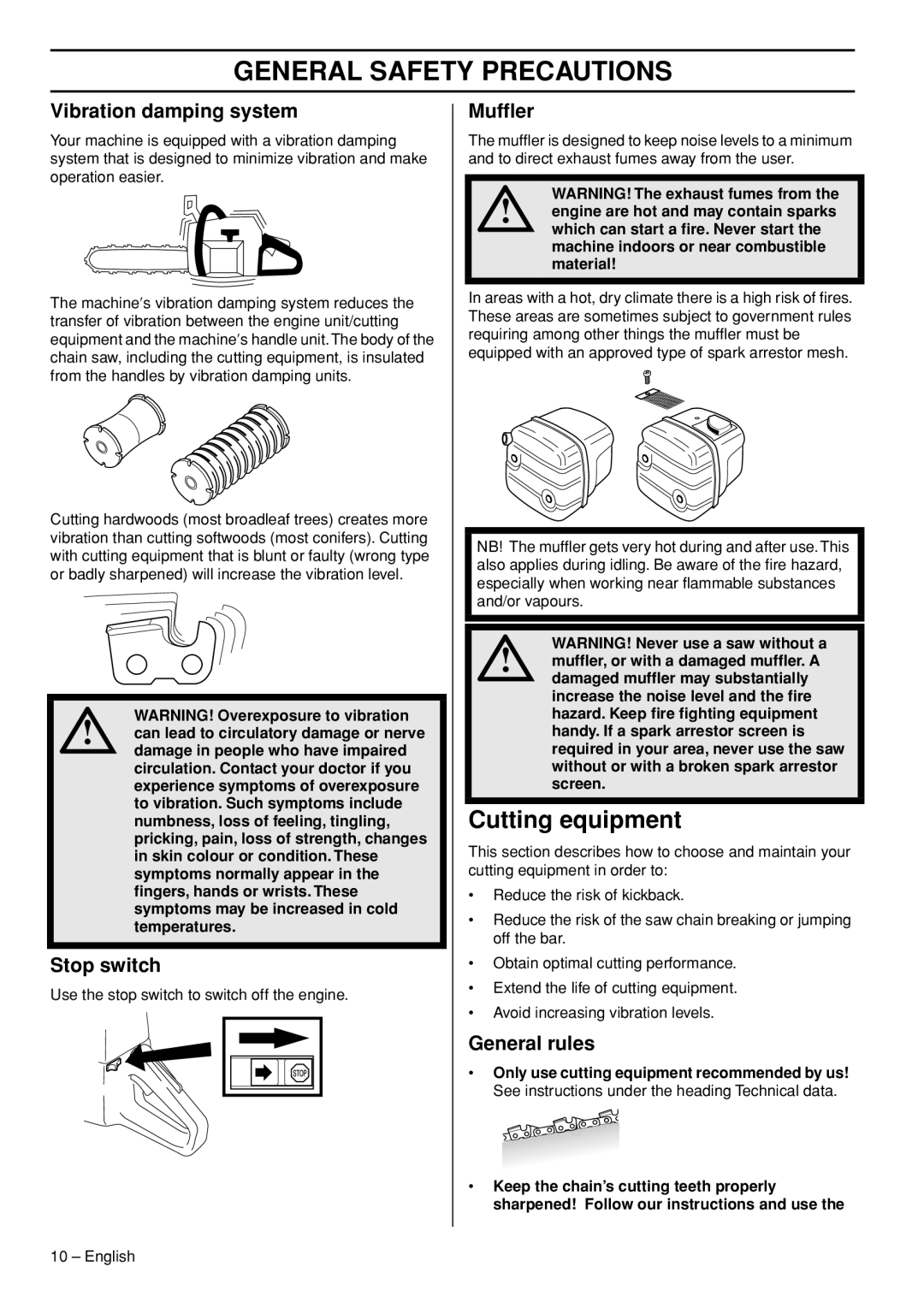 Husqvarna 1153177-26 manual Cutting equipment, Vibration damping system, Stop switch, Mufﬂer, General rules 