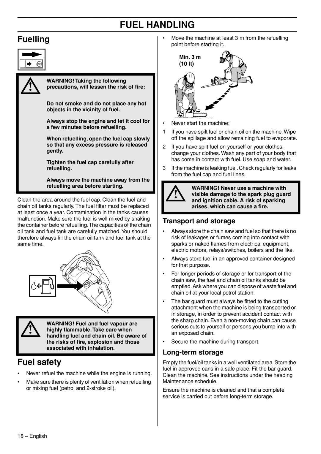 Husqvarna 1153177-26 manual Fuelling, Fuel safety, Transport and storage, Long-term storage 