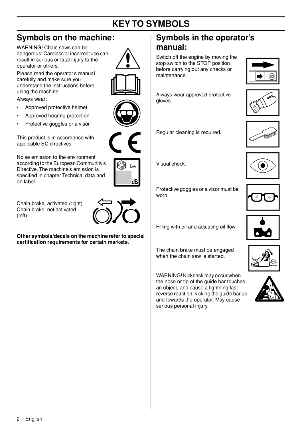 Husqvarna 1153177-26 KEY to Symbols, Symbols on the machine, Symbols in the operator’s manual 