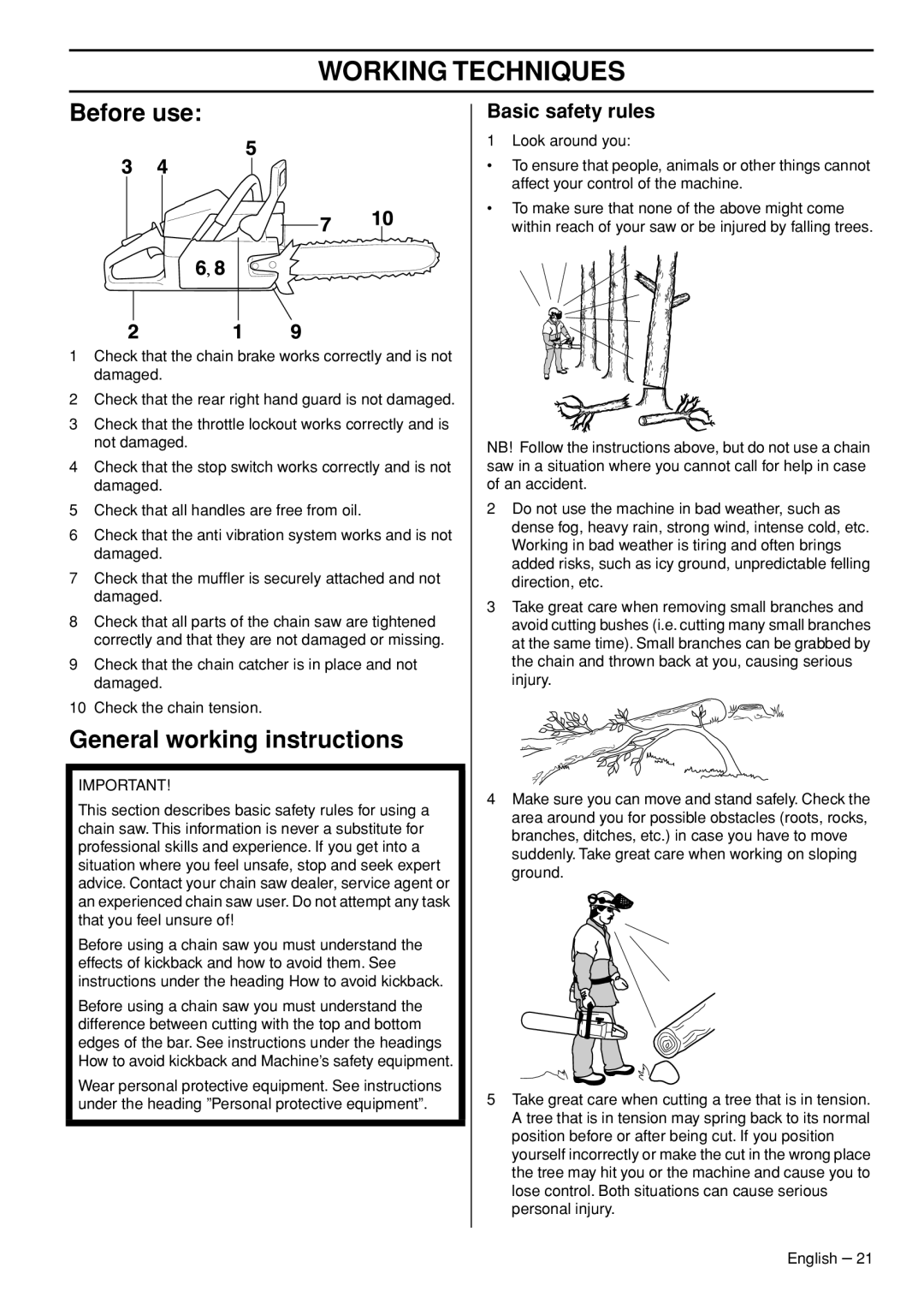 Husqvarna 1153177-26 manual Working Techniques, Before use, General working instructions, Basic safety rules 