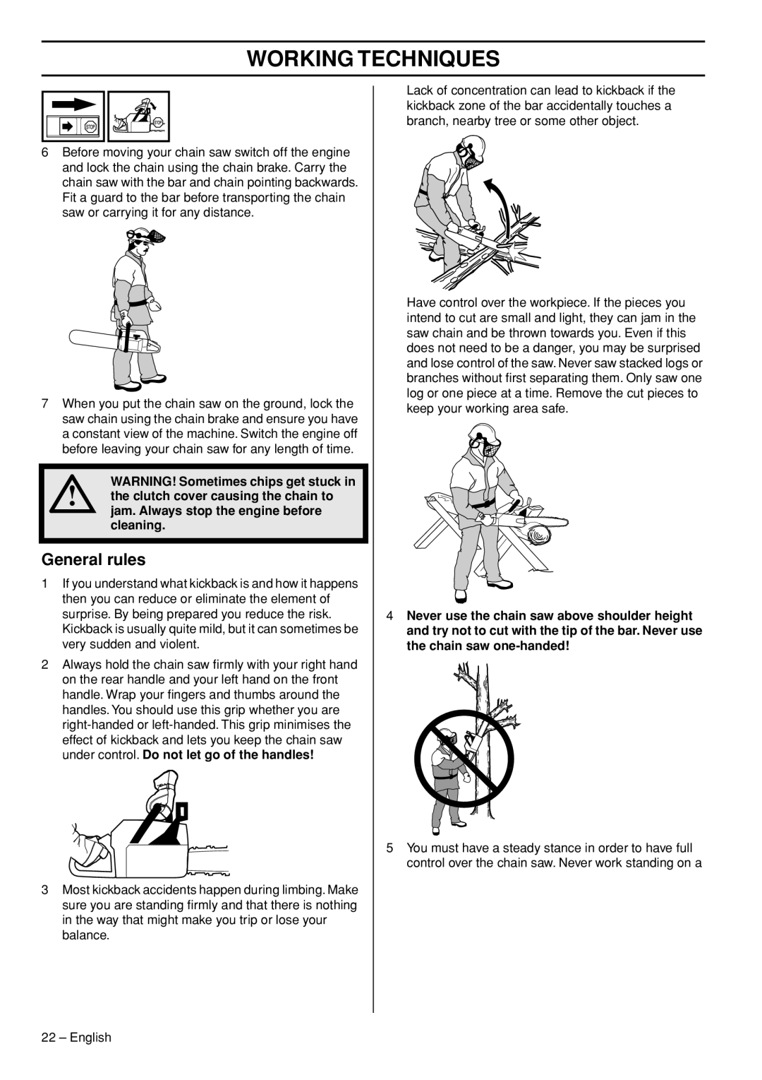 Husqvarna 1153177-26 manual General rules, Jam. Always stop the engine before cleaning 