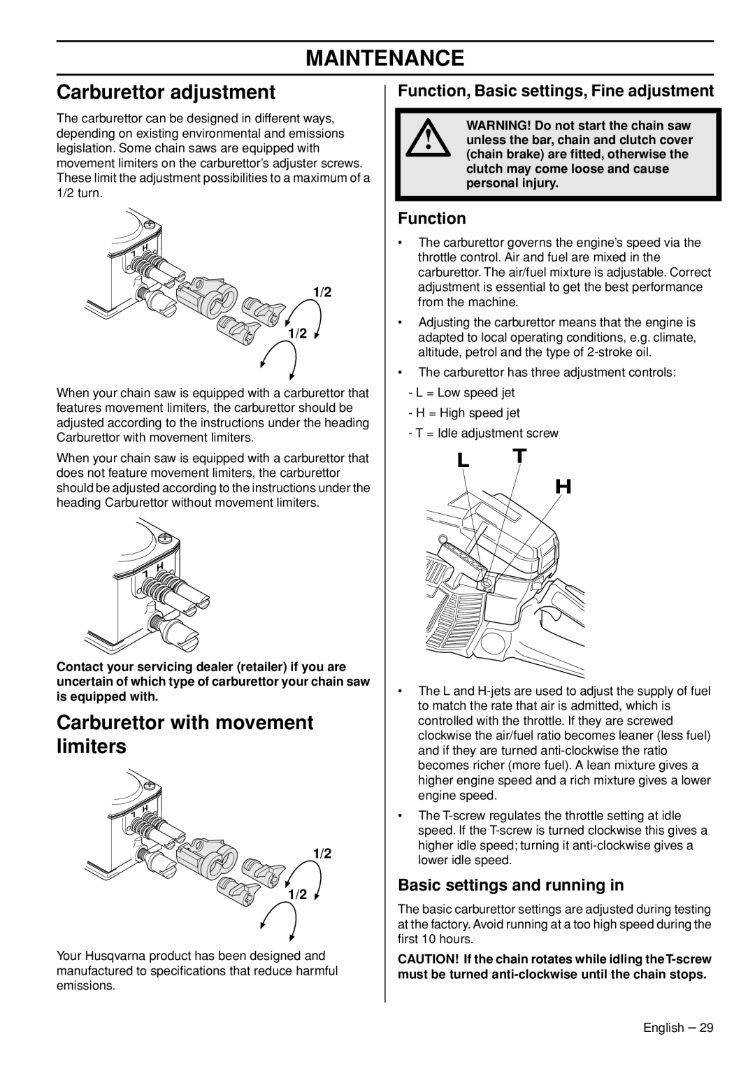 Husqvarna 1153177-26 manual Maintenance, Carburettor adjustment, Carburettor with movement limiters 