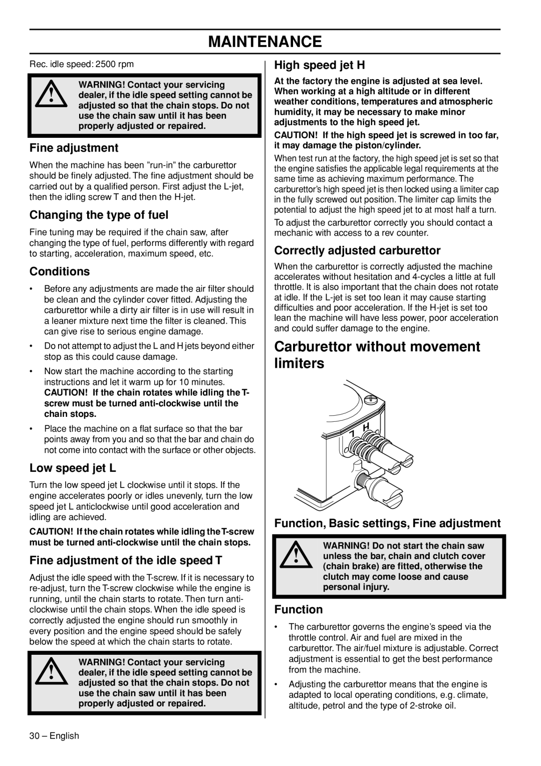 Husqvarna 1153177-26 manual Carburettor without movement limiters 