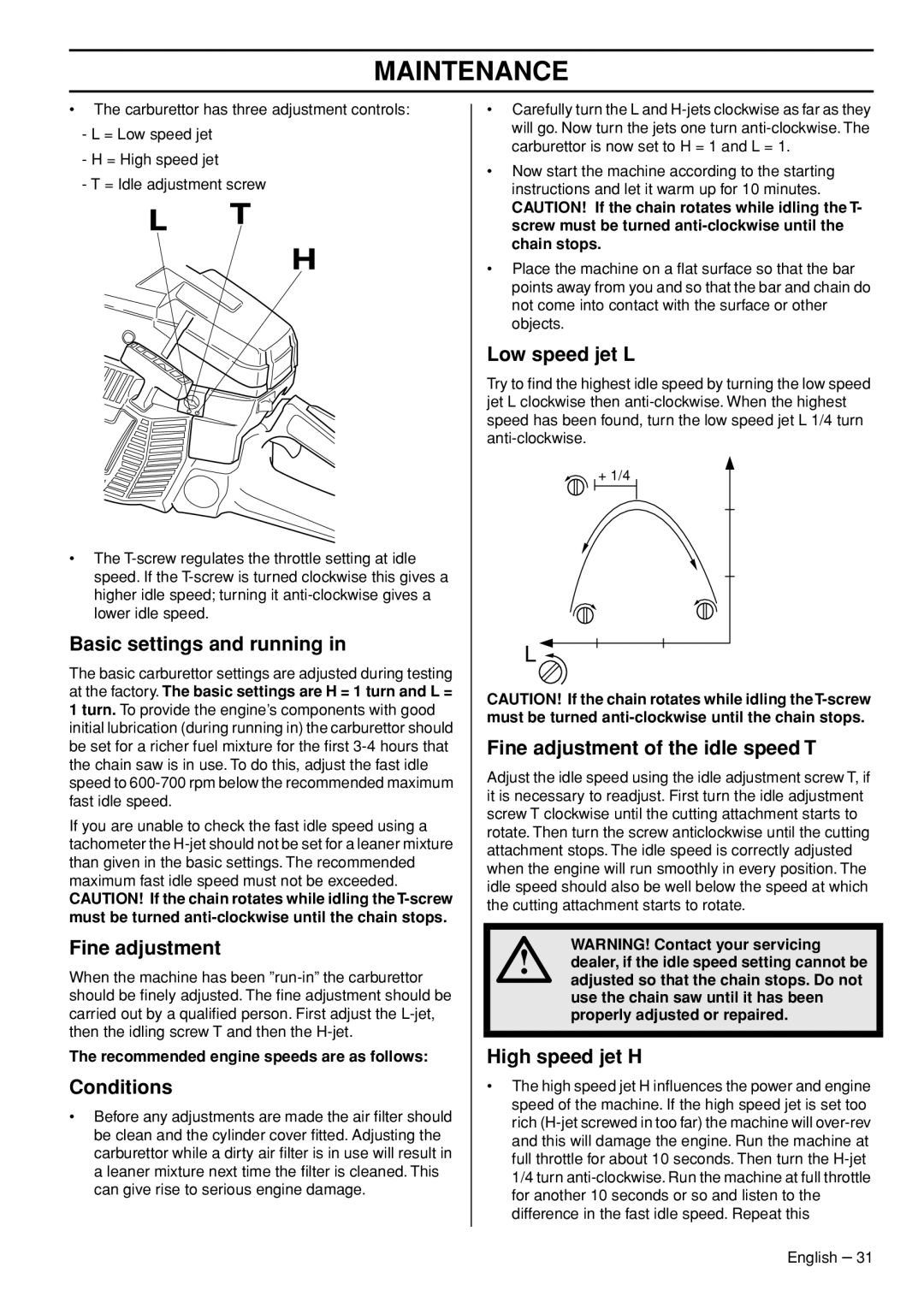 Husqvarna 1153177-26 manual Recommended engine speeds are as follows 