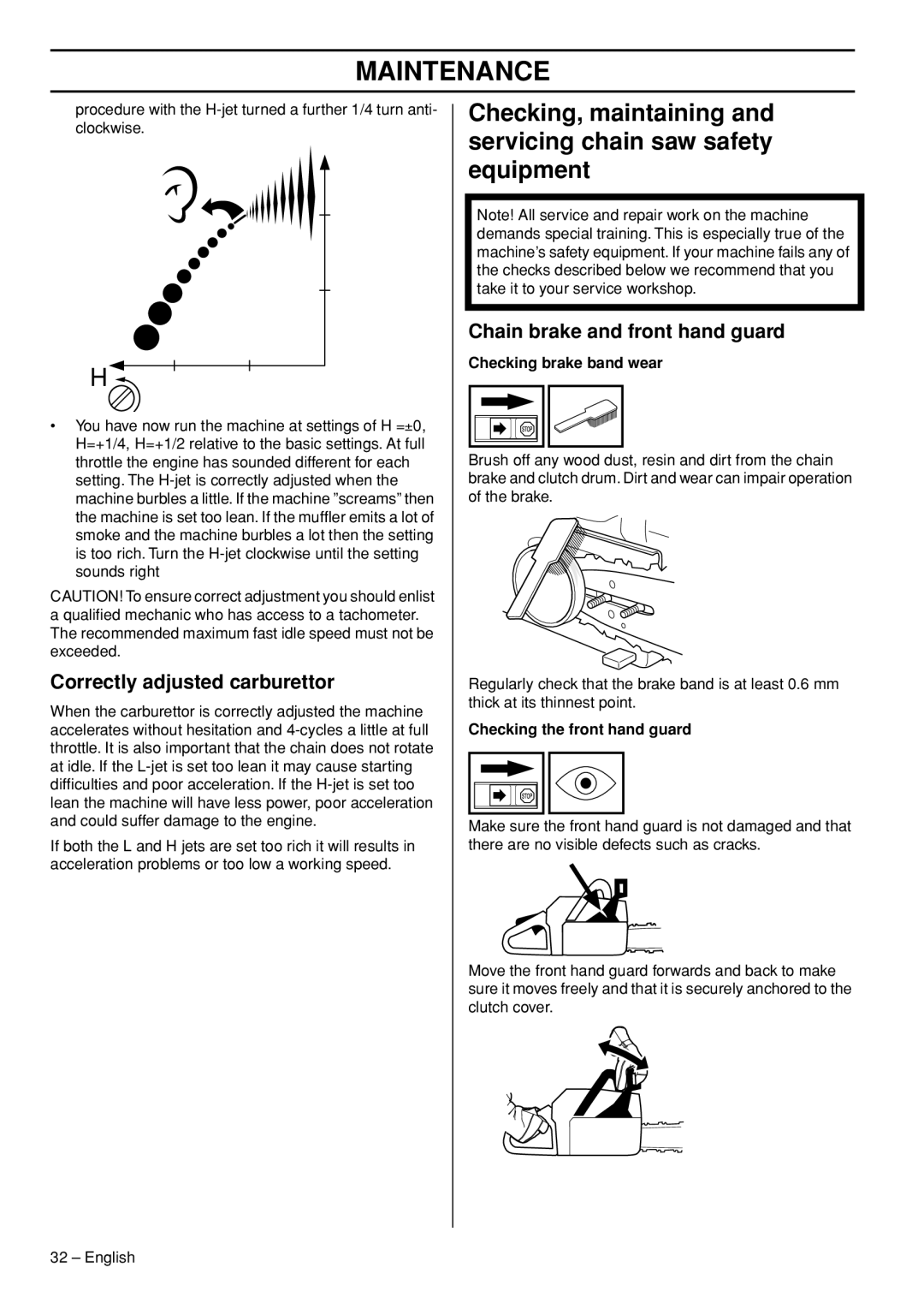 Husqvarna 1153177-26 manual Checking brake band wear, Checking the front hand guard 