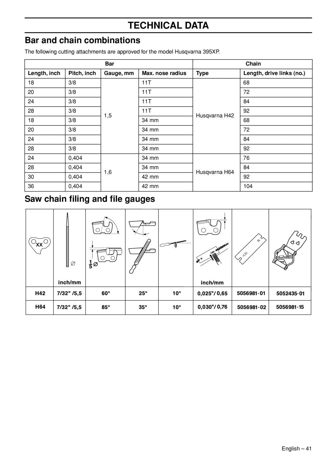 Husqvarna 1153177-26 manual Bar and chain combinations, Saw chain ﬁling and ﬁle gauges 