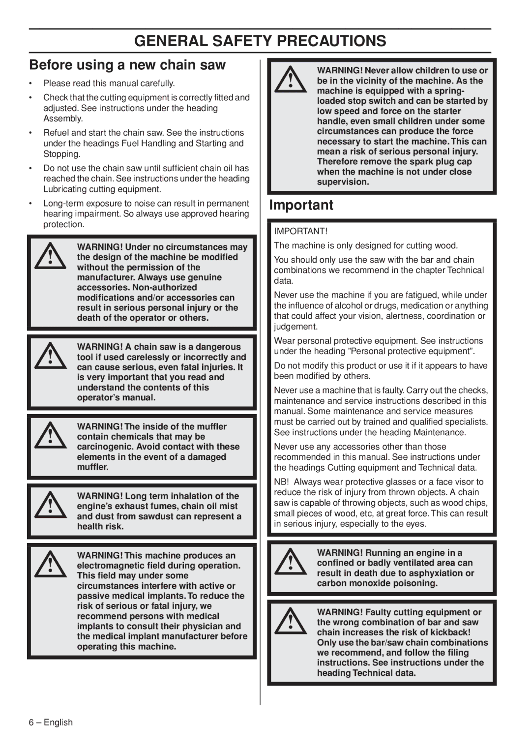 Husqvarna 1153177-26 manual General Safety Precautions, Before using a new chain saw 