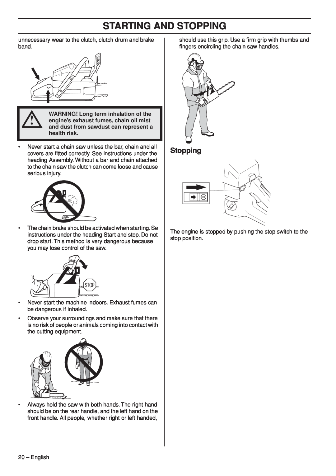 Husqvarna 1153177-26 manual Starting And Stopping, health risk 