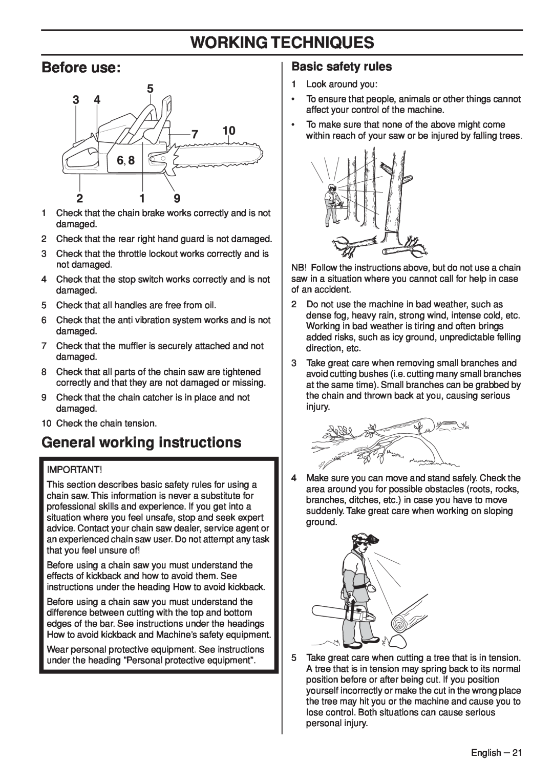 Husqvarna 1153177-26 manual Working Techniques, Before use, General working instructions, Basic safety rules 