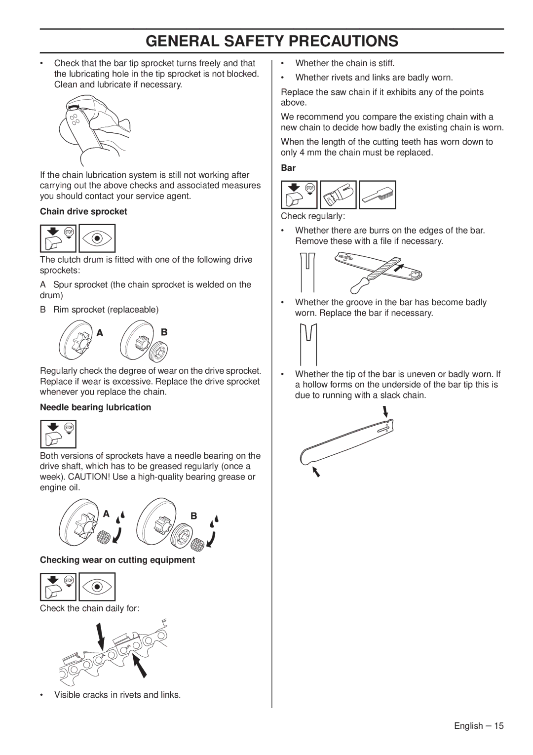 Husqvarna 1153179-26 manual Chain drive sprocket, Needle bearing lubrication, Checking wear on cutting equipment 