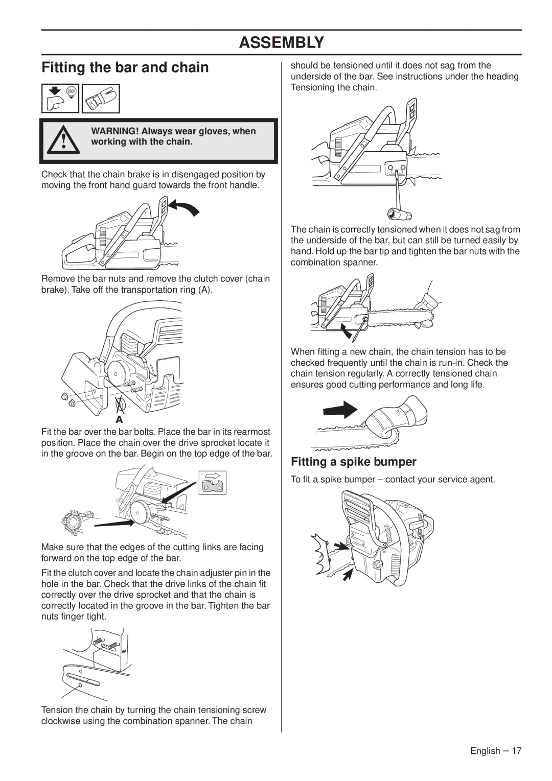 Husqvarna 1153179-26 manual Assembly, Fitting the bar and chain, Fitting a spike bumper, Working with the chain 