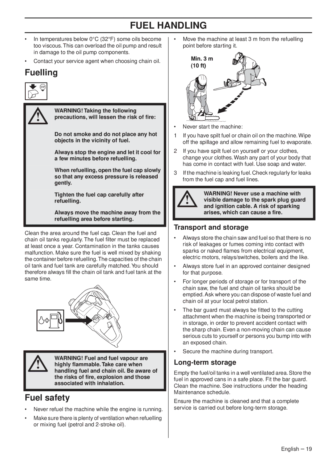 Husqvarna 1153179-26 manual Fuelling, Fuel safety, Transport and storage, Long-term storage 