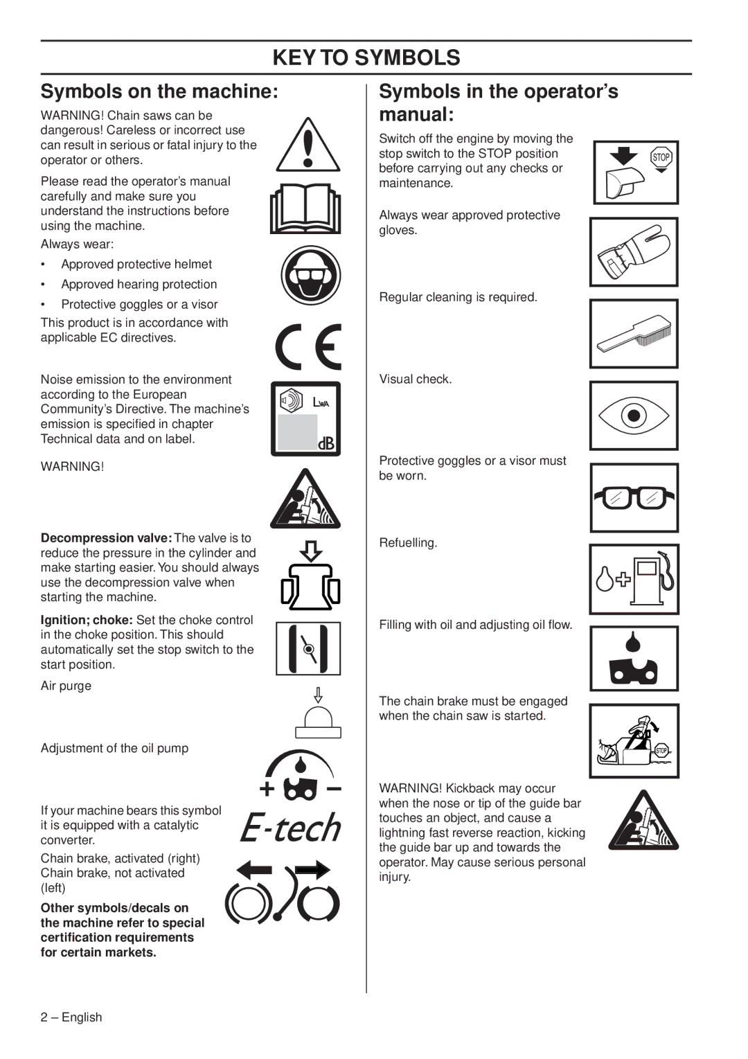 Husqvarna 1153179-26 KEY to Symbols, Symbols on the machine, Symbols in the operator’s manual 