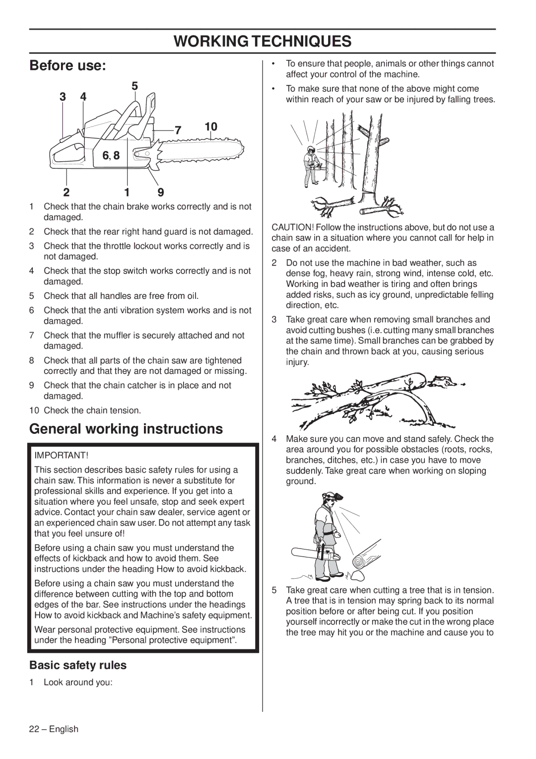 Husqvarna 1153179-26 manual Working Techniques, Before use, General working instructions, Basic safety rules 