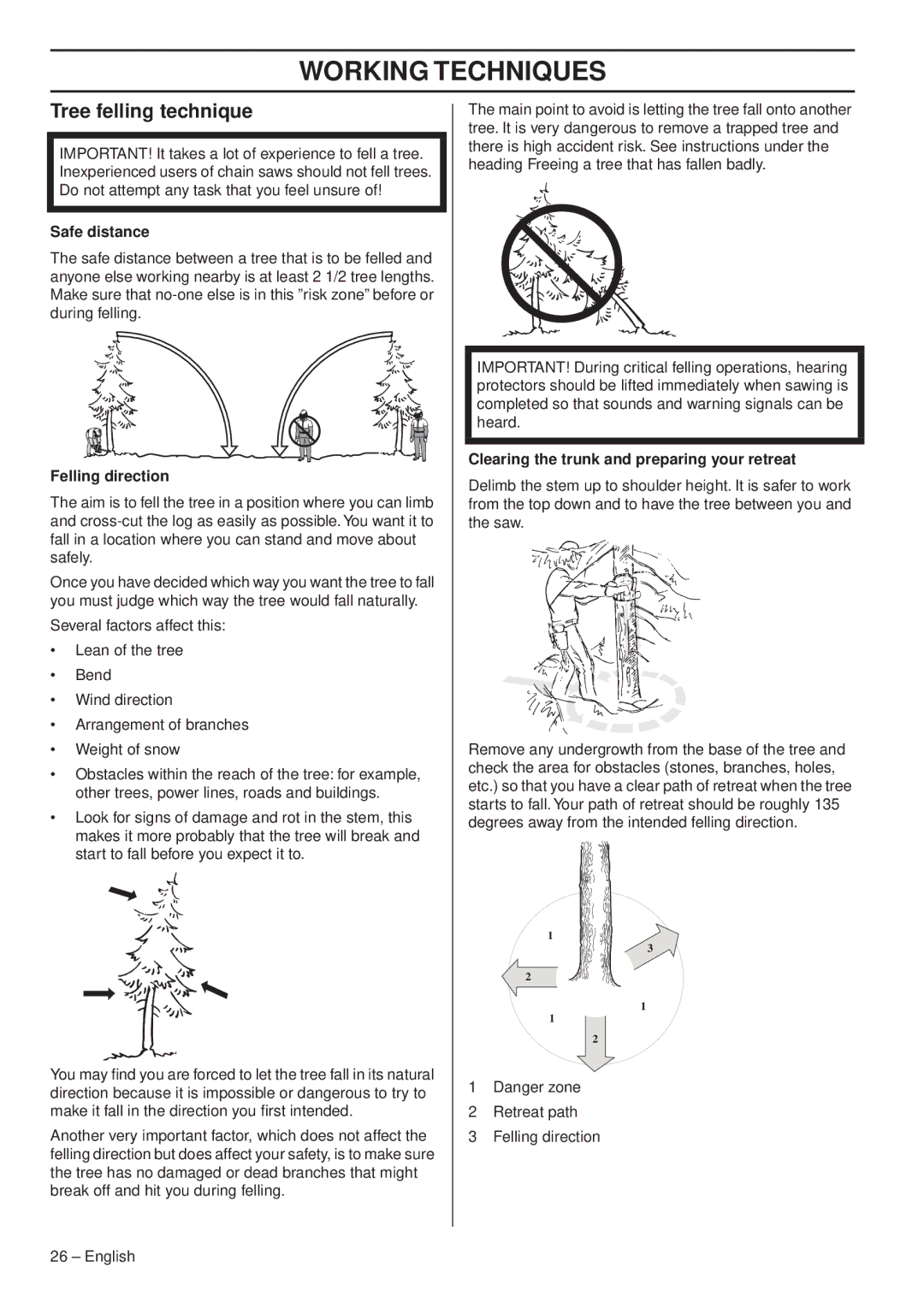 Husqvarna 1153179-26 manual Tree felling technique, Safe distance, Felling direction 