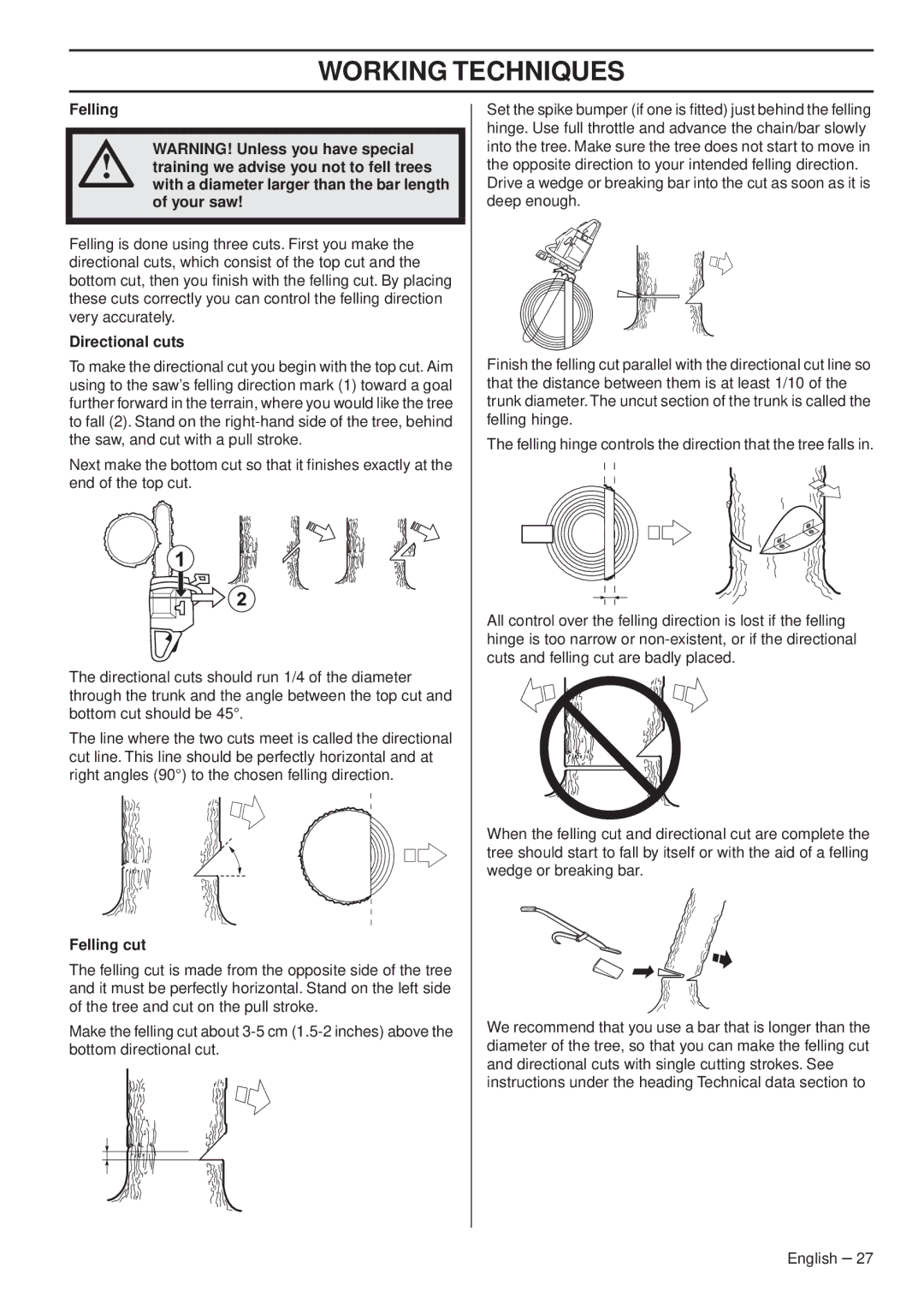 Husqvarna 1153179-26 manual Training we advise you not to fell trees, Your saw, Directional cuts, Felling cut 