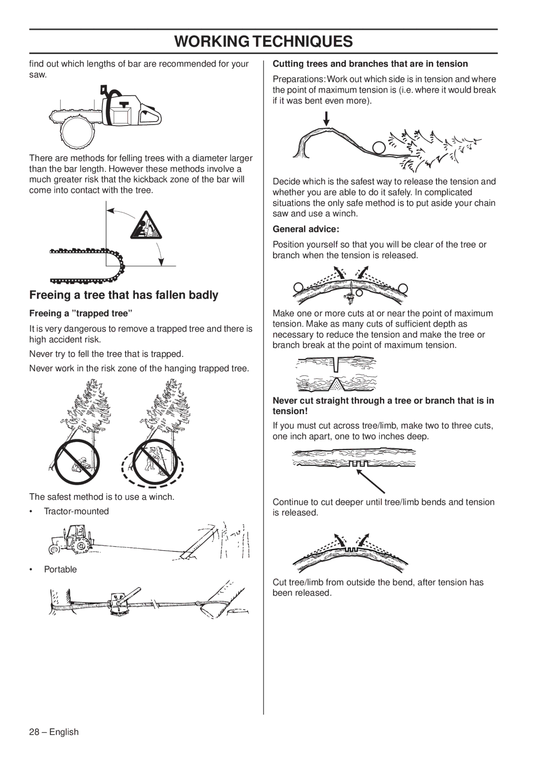 Husqvarna 1153179-26 manual Freeing a tree that has fallen badly, Freeing a trapped tree, General advice 