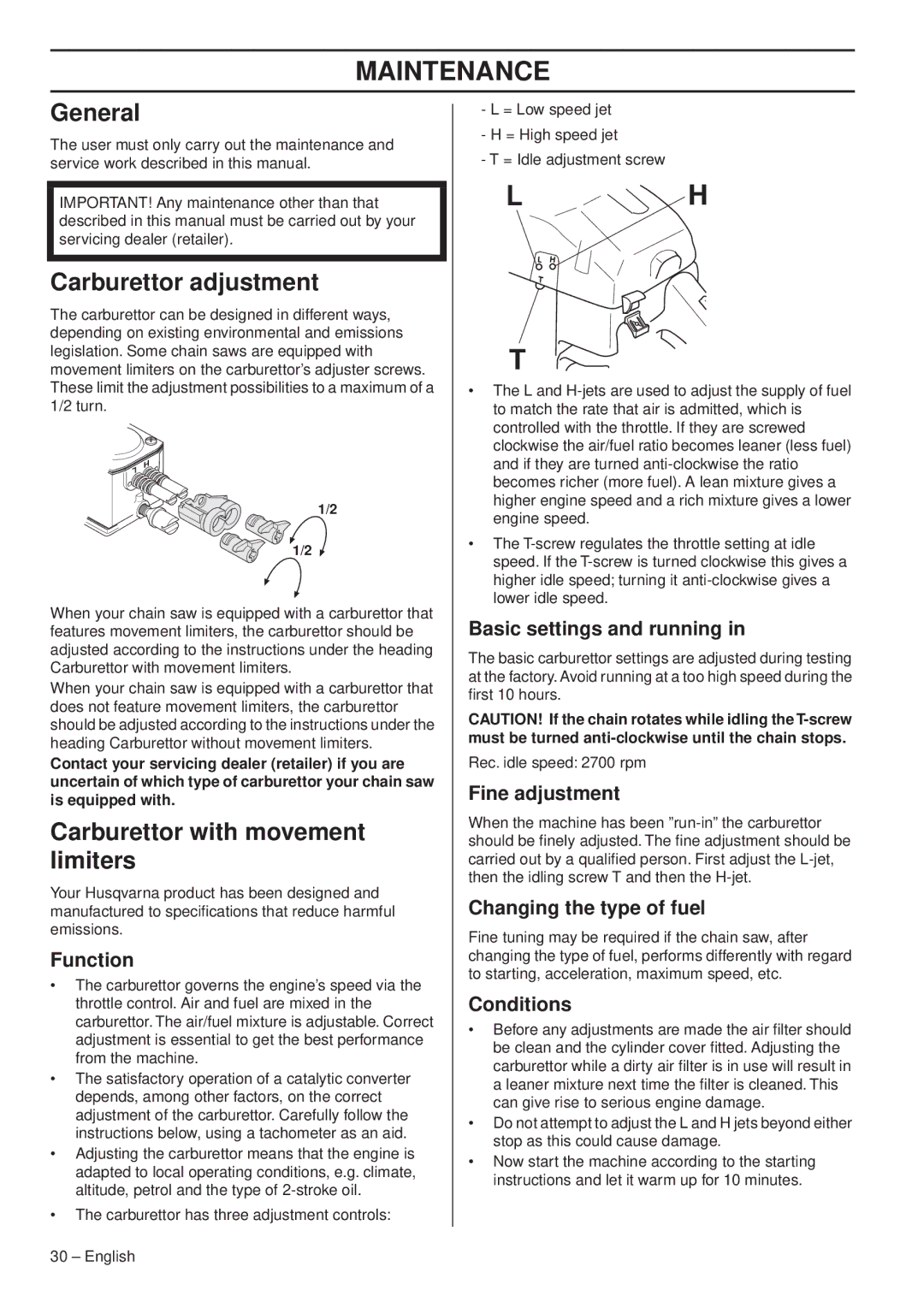 Husqvarna 1153179-26 manual Maintenance, General, Carburettor adjustment, Carburettor with movement limiters 