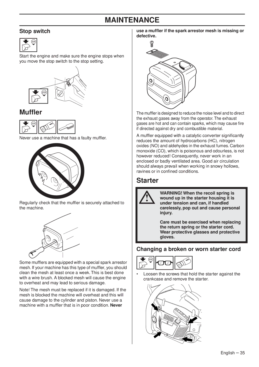 Husqvarna 1153179-26 manual Mufﬂer, Starter, Changing a broken or worn starter cord 