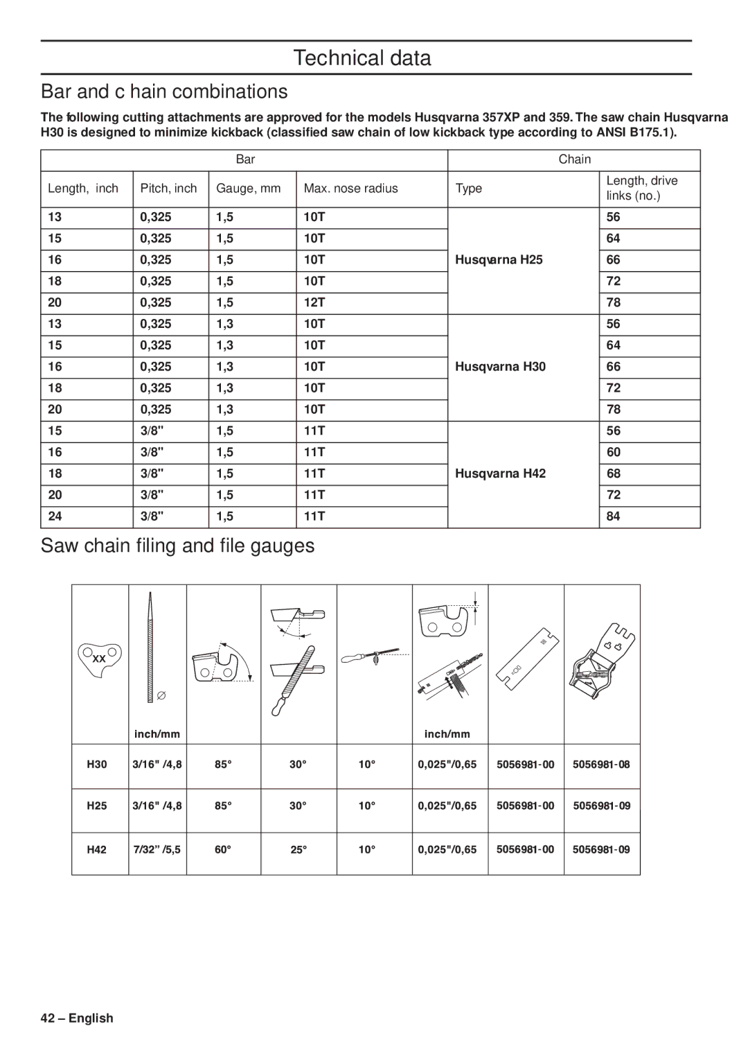 Husqvarna 1153179-26 manual Bar and chain combinations, Saw chain ﬁling and ﬁle gauges 