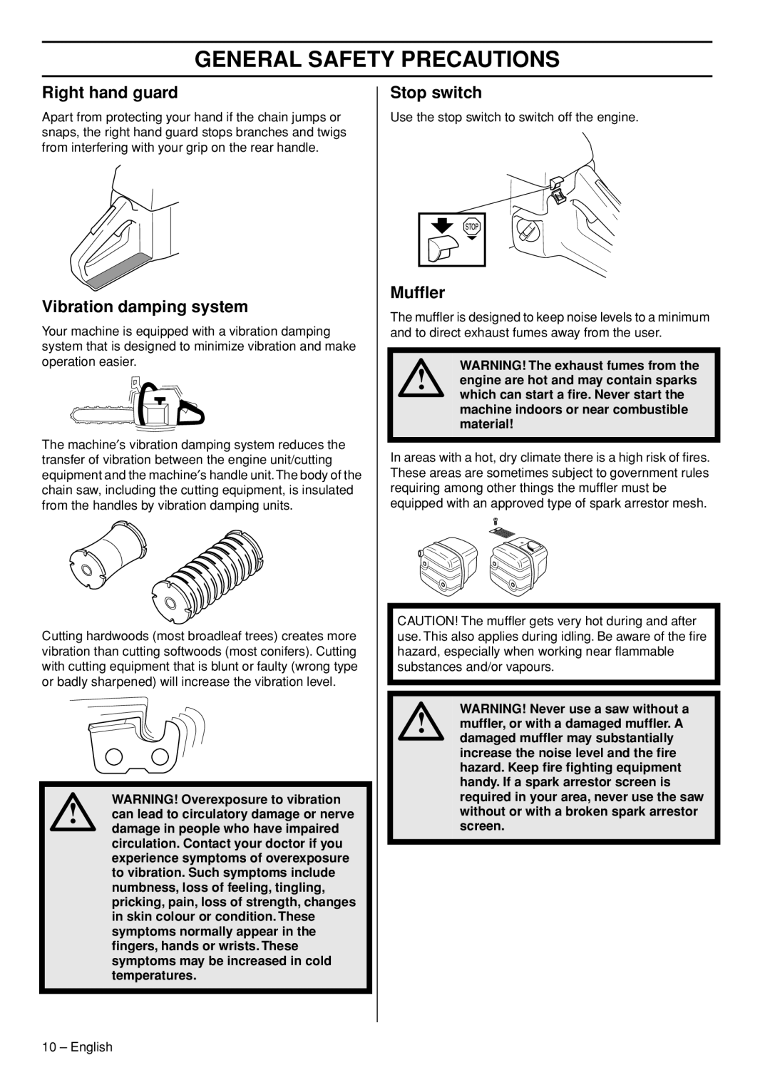 Husqvarna 1153181-26 manual Right hand guard, Vibration damping system, Stop switch, Mufﬂer 