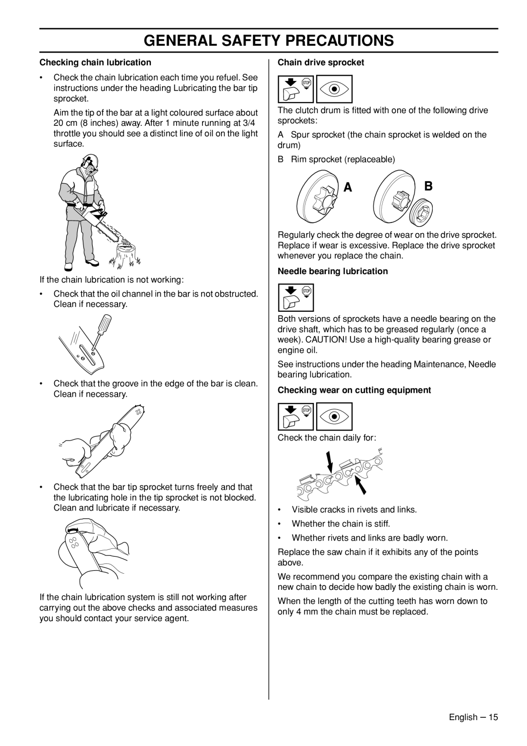 Husqvarna 1153181-26 manual Checking chain lubrication, Chain drive sprocket, Needle bearing lubrication 