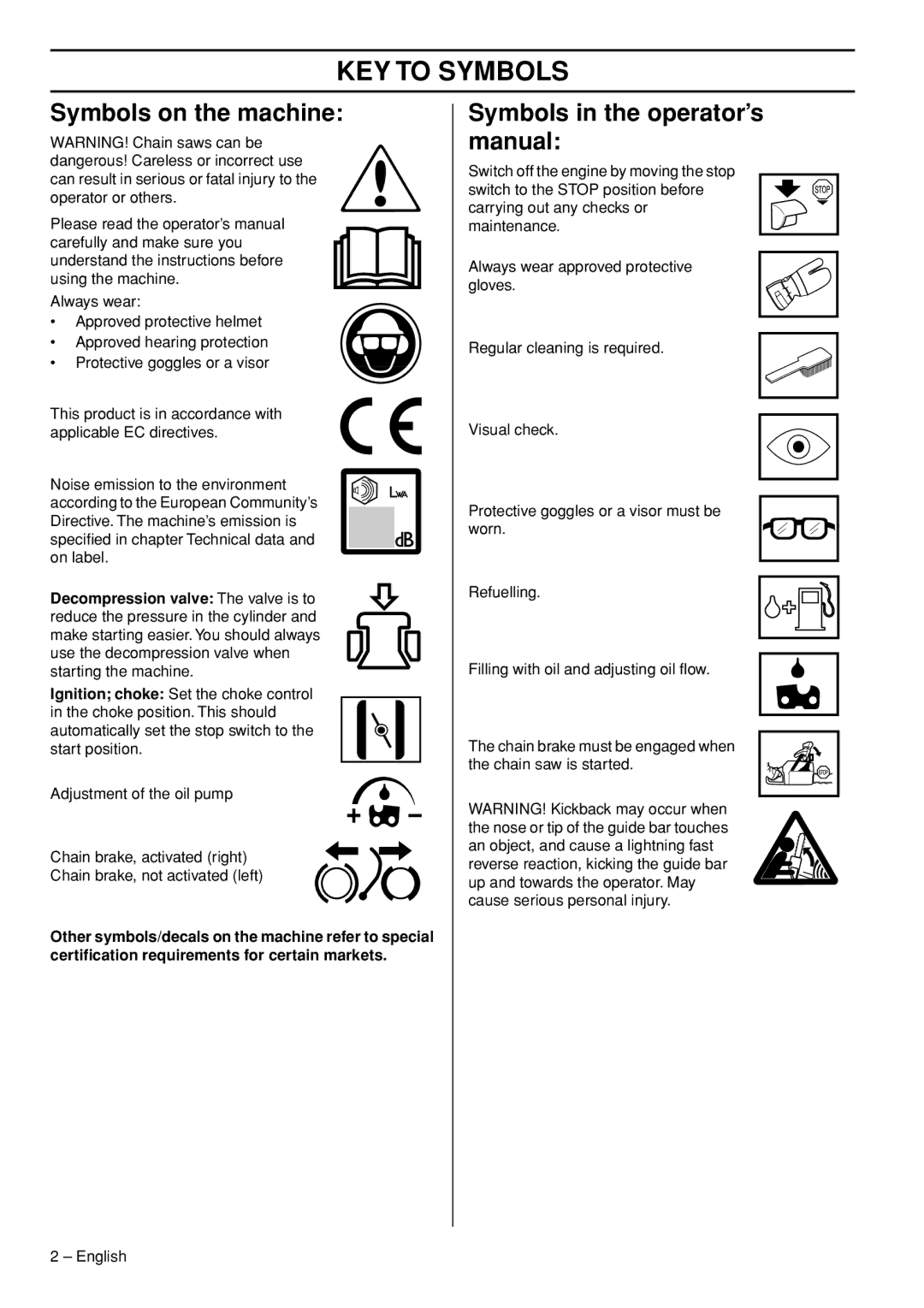 Husqvarna 1153181-26 KEY to Symbols, Symbols on the machine, Symbols in the operator’s manual 