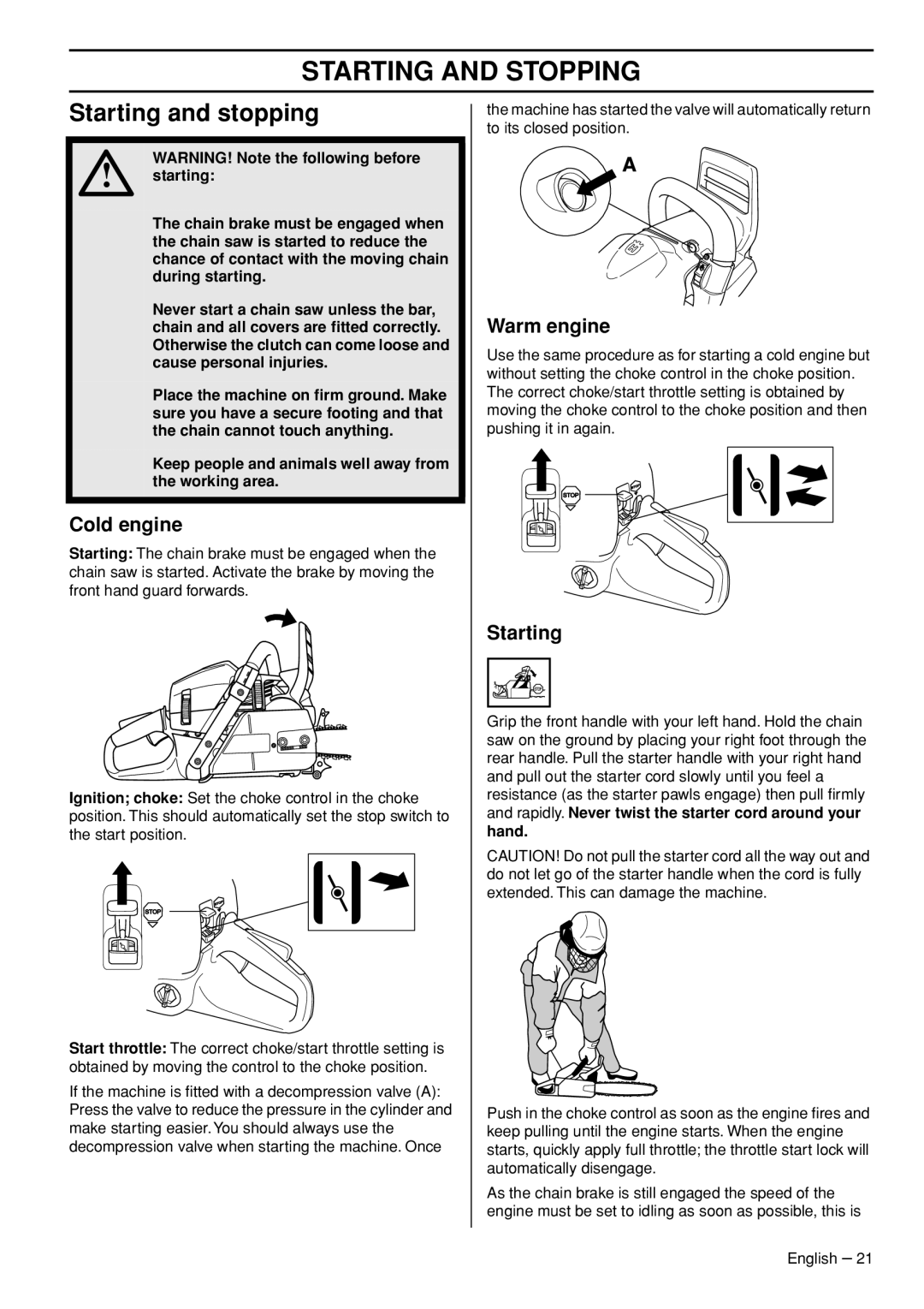 Husqvarna 1153181-26 manual Starting and Stopping, Starting and stopping, Cold engine, Warm engine 