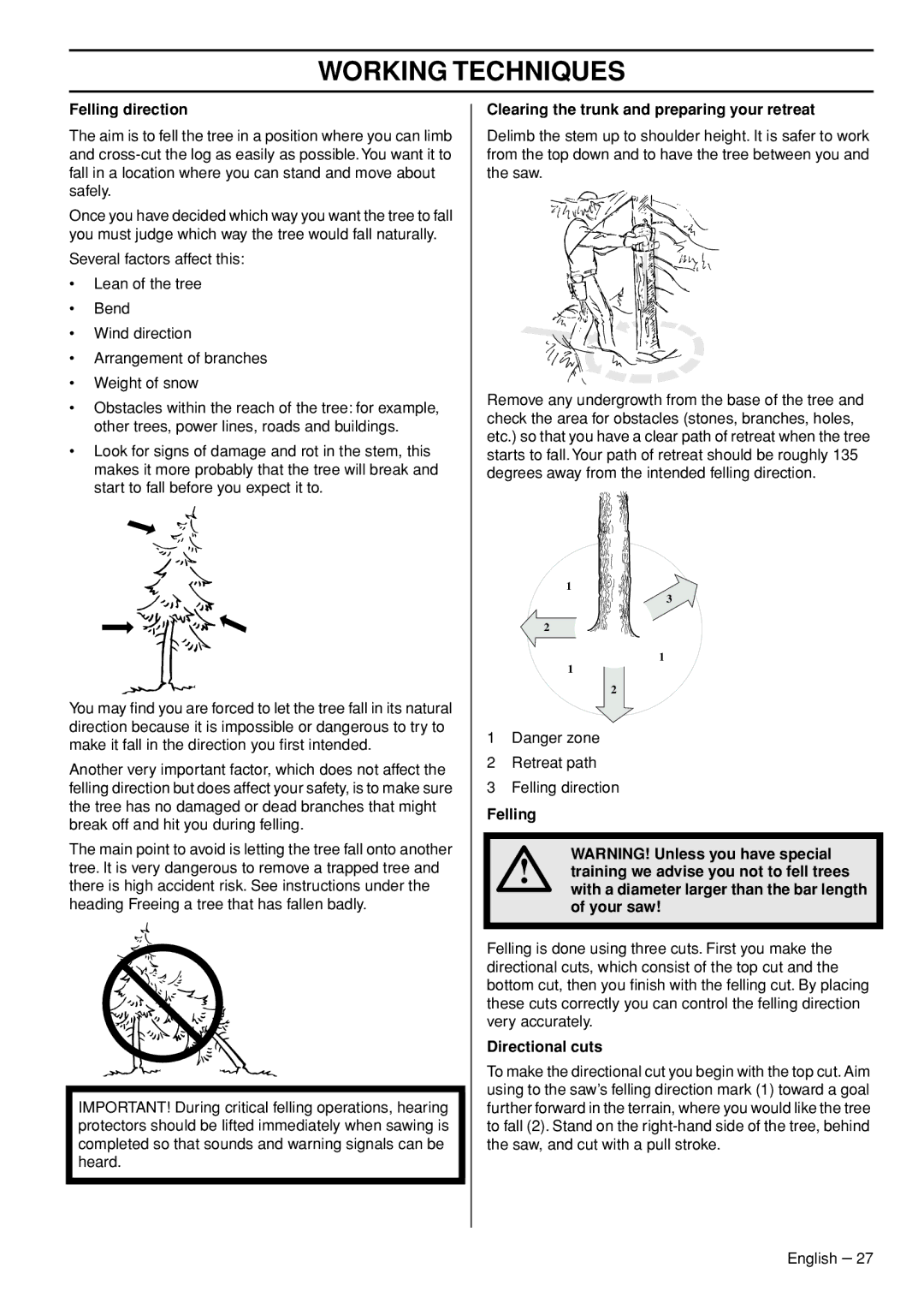 Husqvarna 1153181-26 manual Felling direction, Clearing the trunk and preparing your retreat, Directional cuts 