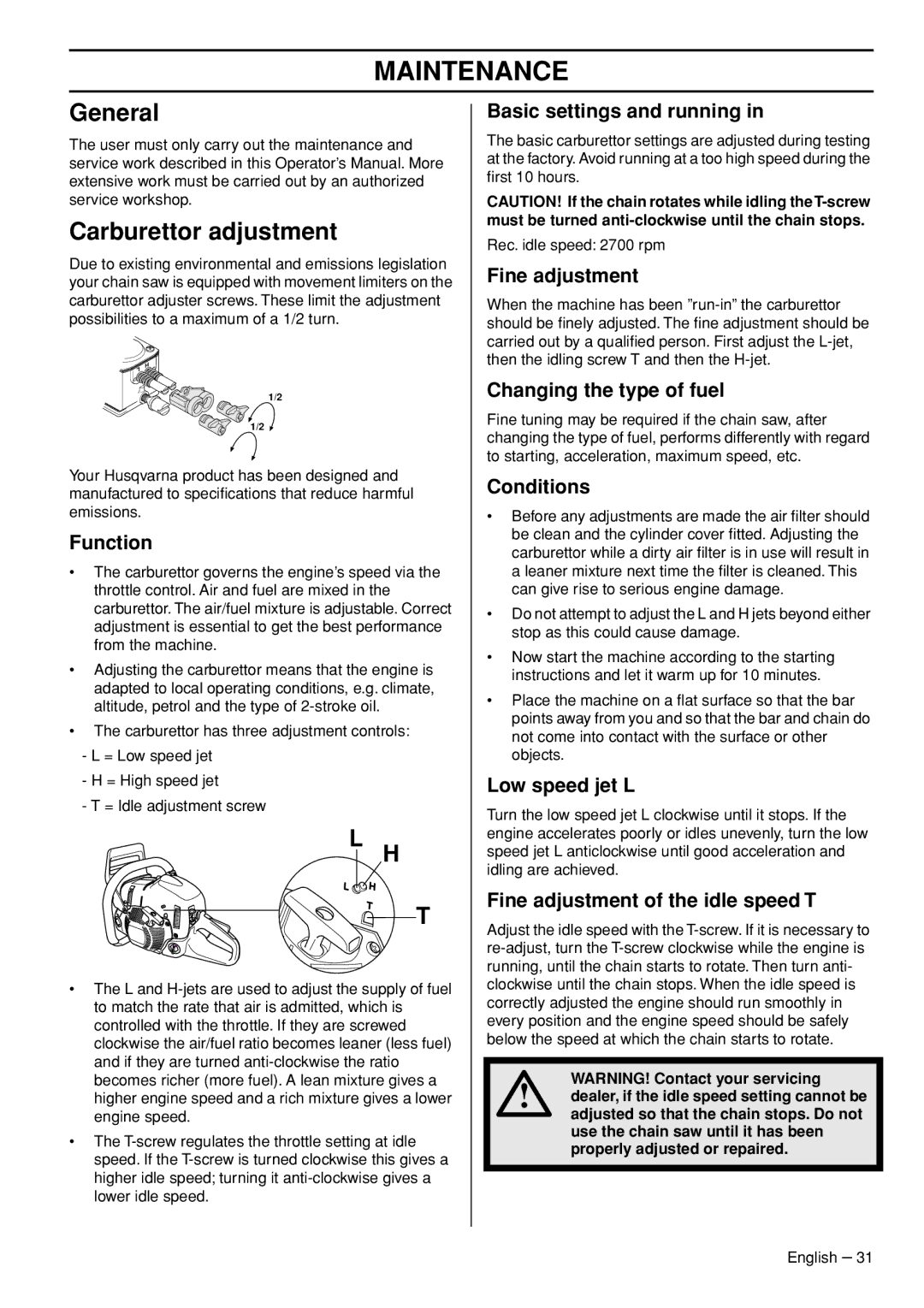 Husqvarna 1153181-26 manual Maintenance, General, Carburettor adjustment 