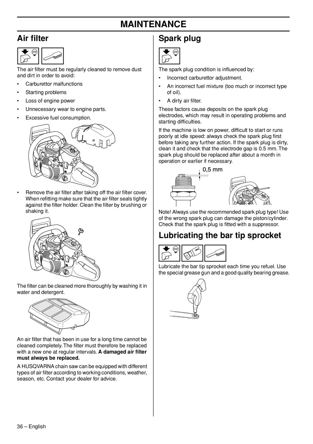 Husqvarna 1153181-26 manual Air ﬁlter, Spark plug, Lubricating the bar tip sprocket, Must always be replaced 