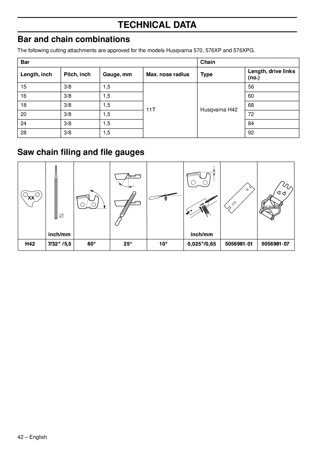 Husqvarna 1153181-26 manual Bar and chain combinations, Saw chain ﬁling and ﬁle gauges 