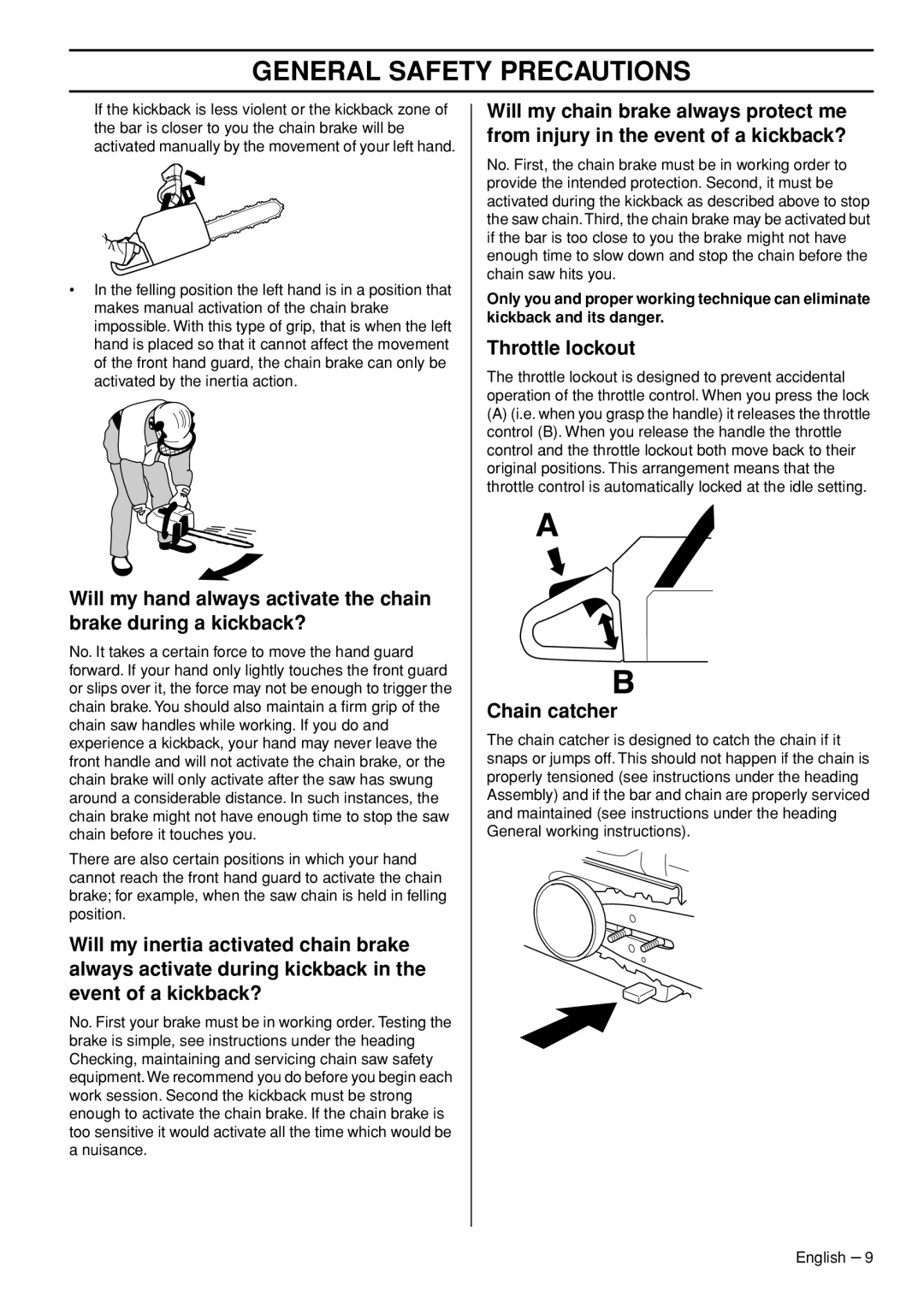 Husqvarna 1153181-26 manual Throttle lockout, Chain catcher 