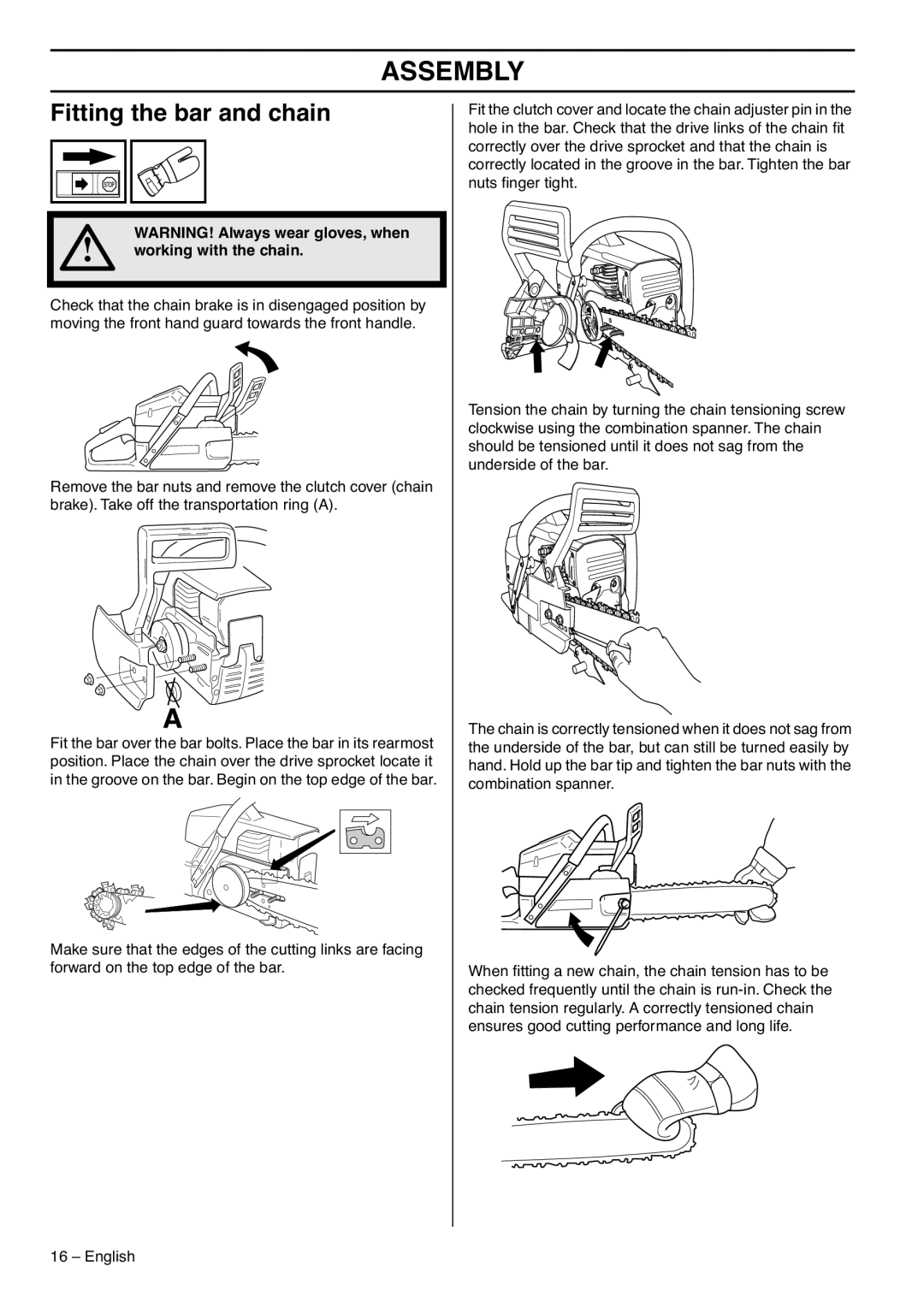 Husqvarna 1153183-26 manual Assembly, Fitting the bar and chain, Working with the chain 