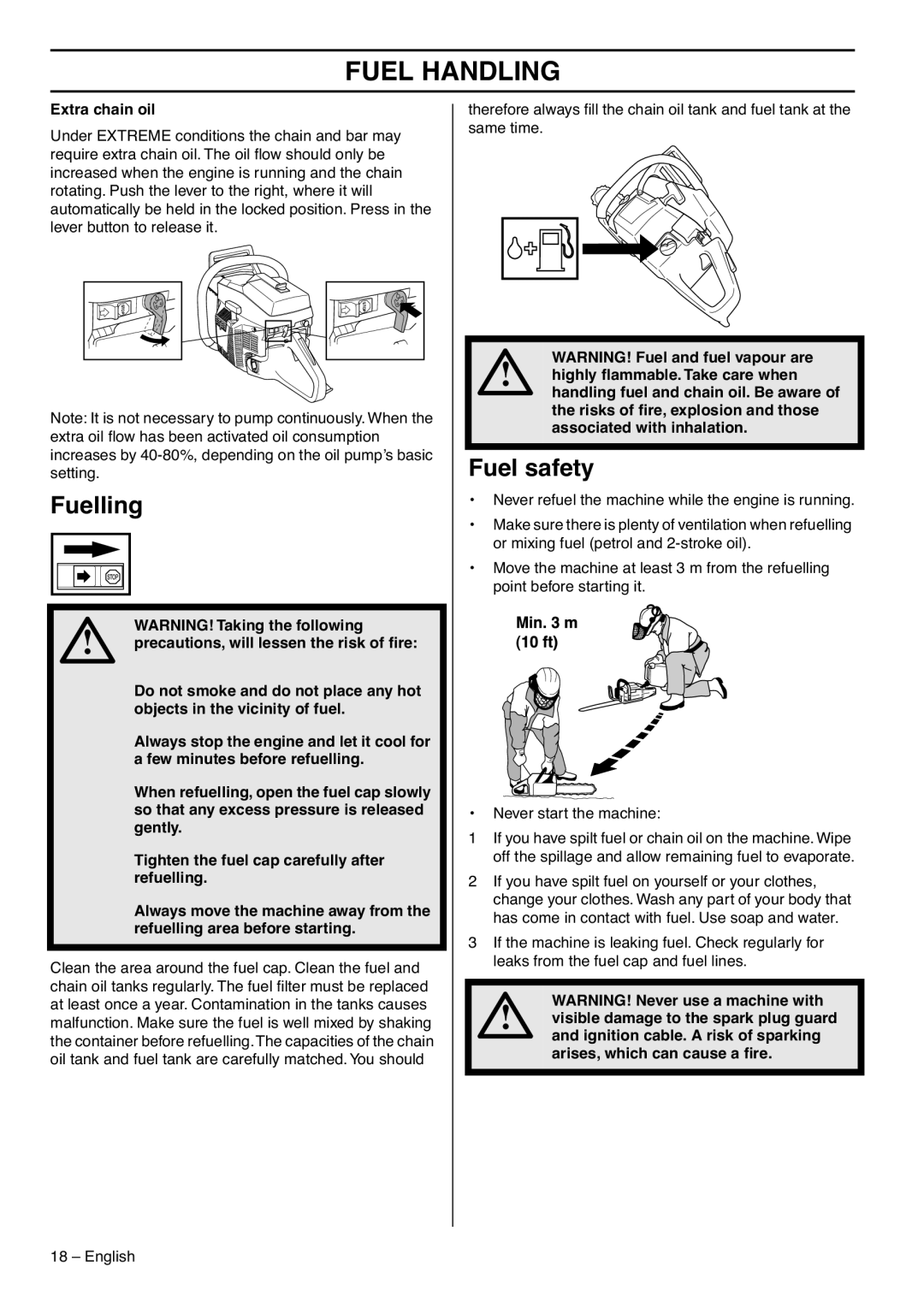 Husqvarna 1153183-26 manual Fuelling, Fuel safety, Extra chain oil 