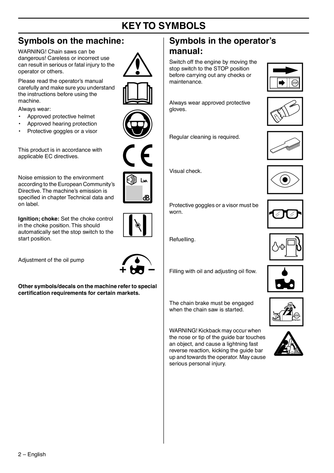 Husqvarna 1153183-26 KEY to Symbols, Symbols on the machine, Symbols in the operator’s manual 